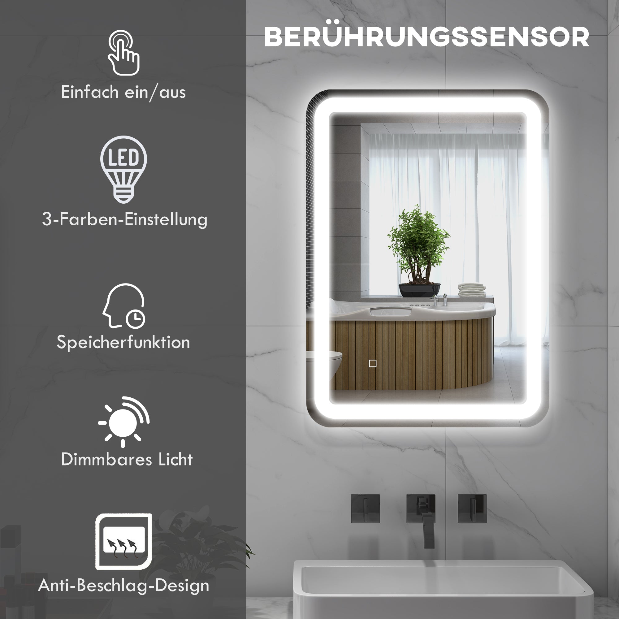 kleankin LED Bathroom Mirror 50x70cm, 3 Light Colors, Touch Switch, Anti-Fog, Tempered Glass Silver
