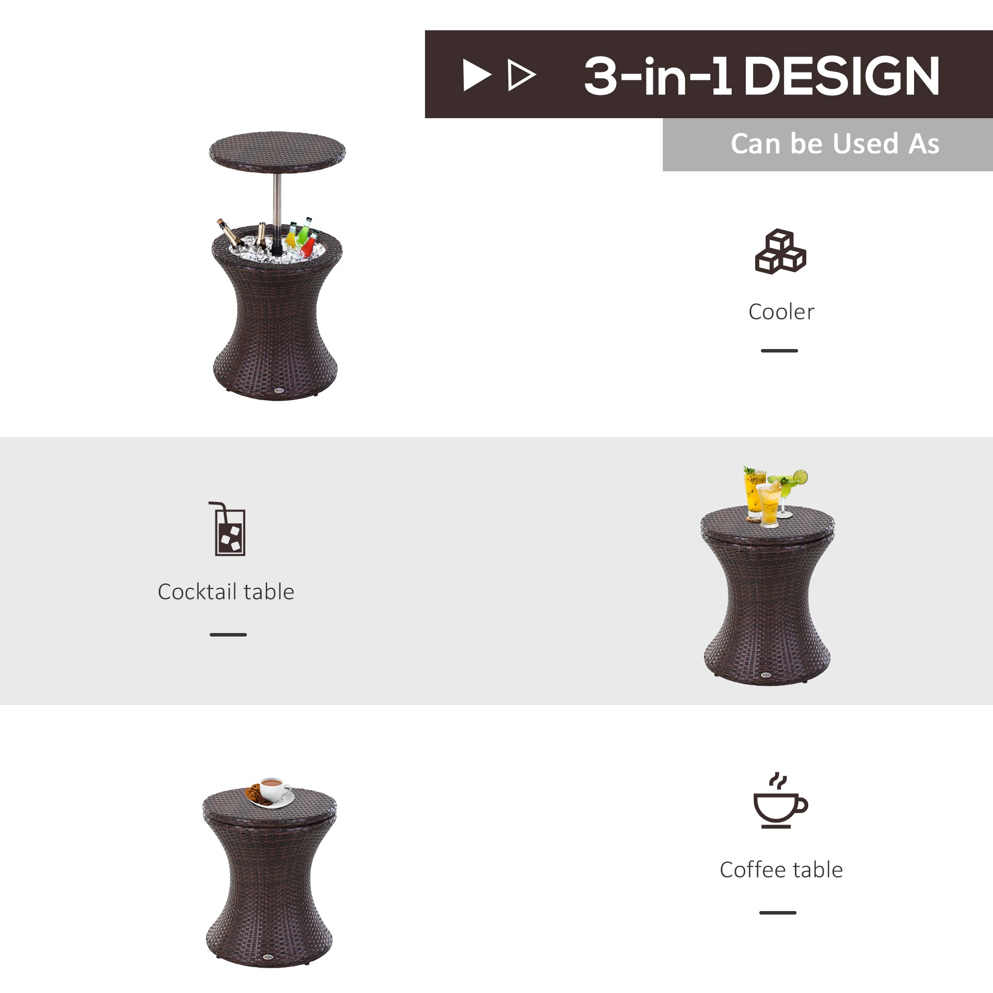 PE Rattan Ice Bucket Table, Height Adjustable Outdoor Drinks Cooler, Round 52 cm, Brown