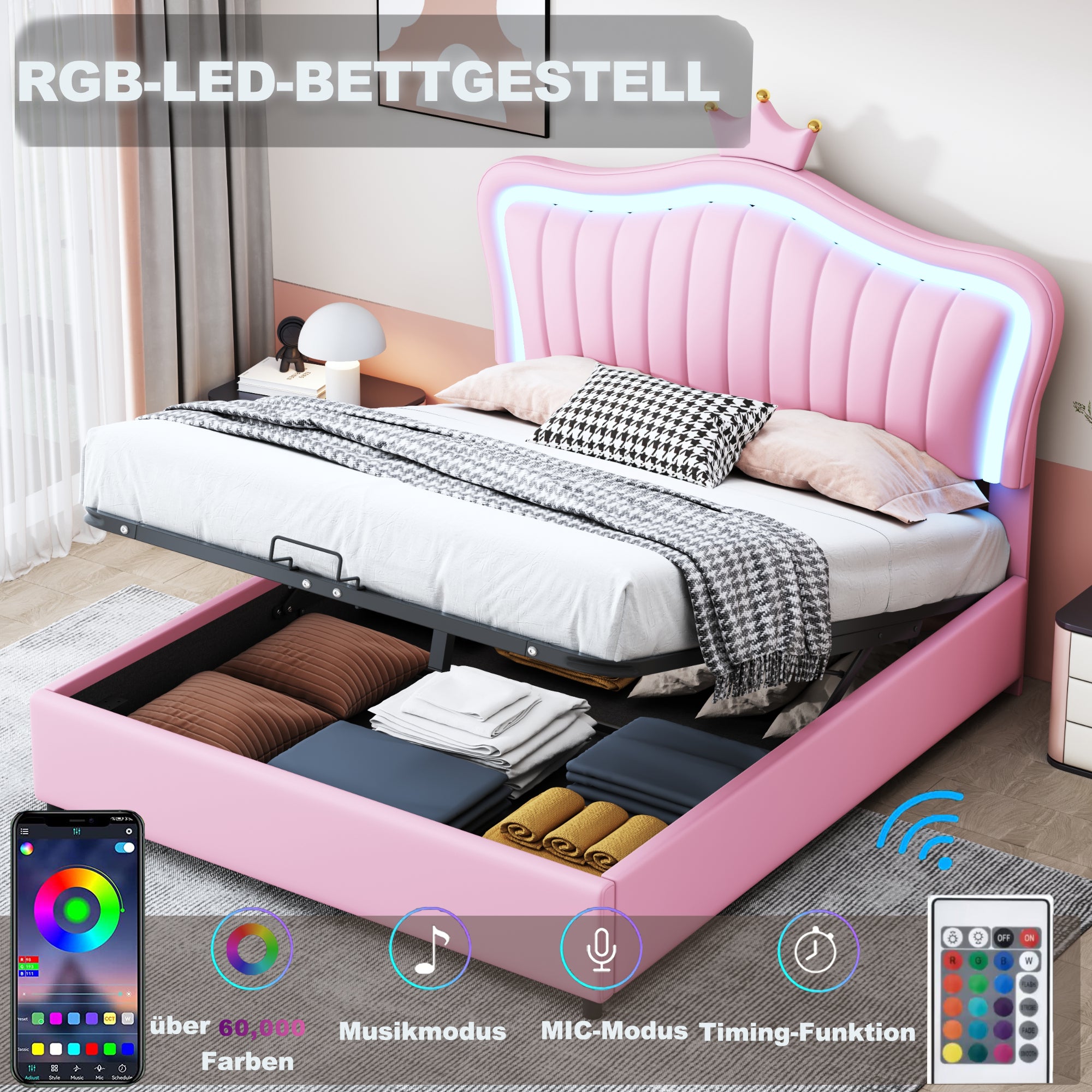 Children's Bed, 140x200cm Hydraulic Storage, LED, Pink PU Leather