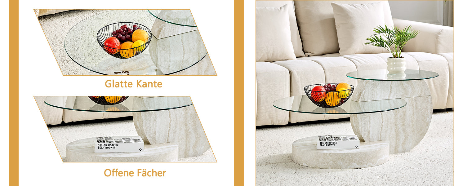 Modern Minimalist Coffee Table, Double-Layered Safety Glass and Multi-Tiered Design, Walnut Wood Grain Finish