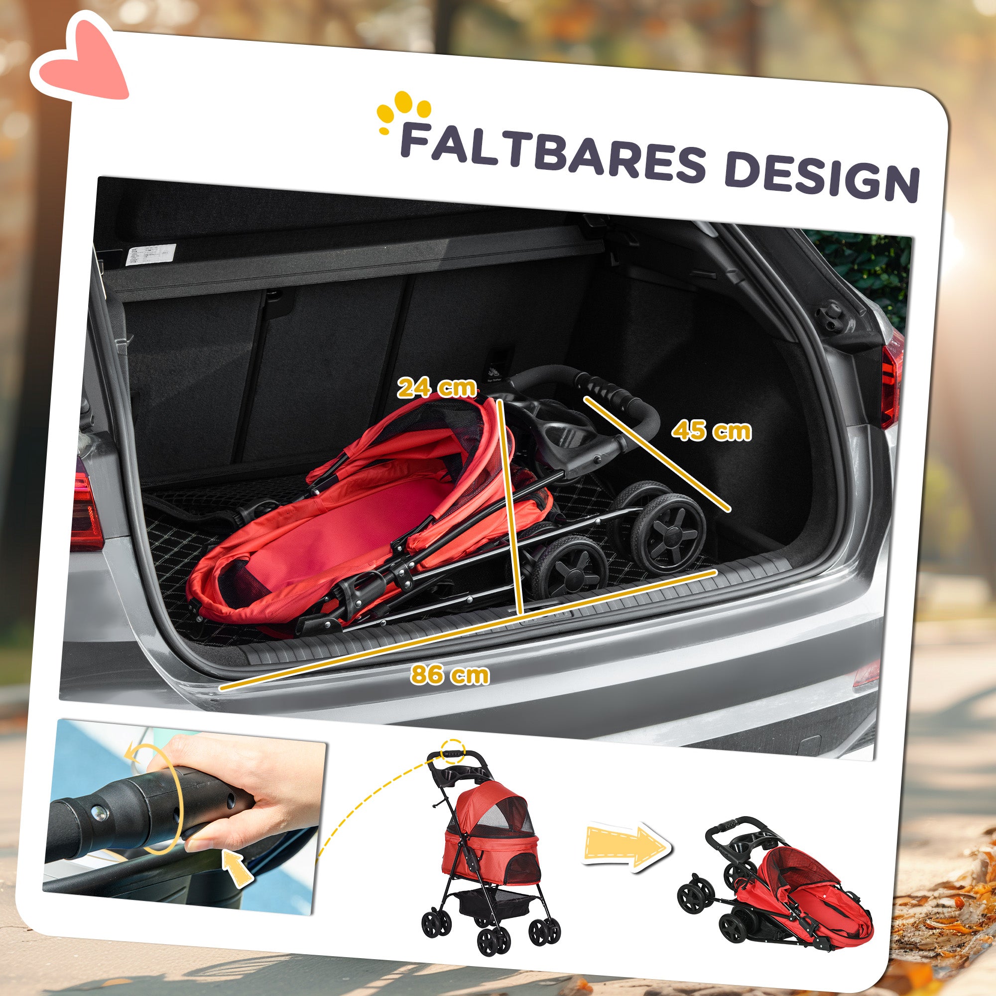 Dog Buggy Foldable Small Dogs & Cats, Oxford Red