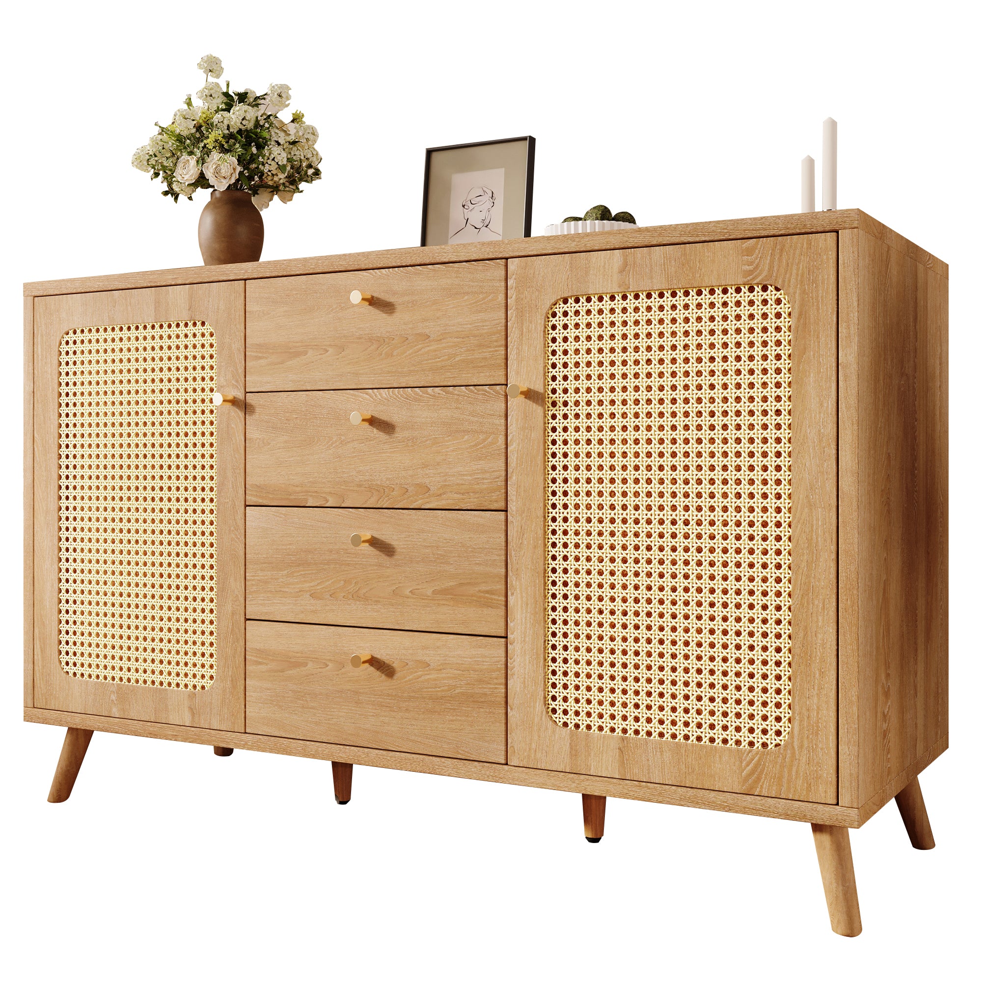 Sideboard Rattan Look Storage Cabinet 4 Drawers 2 Doors - Light Oak