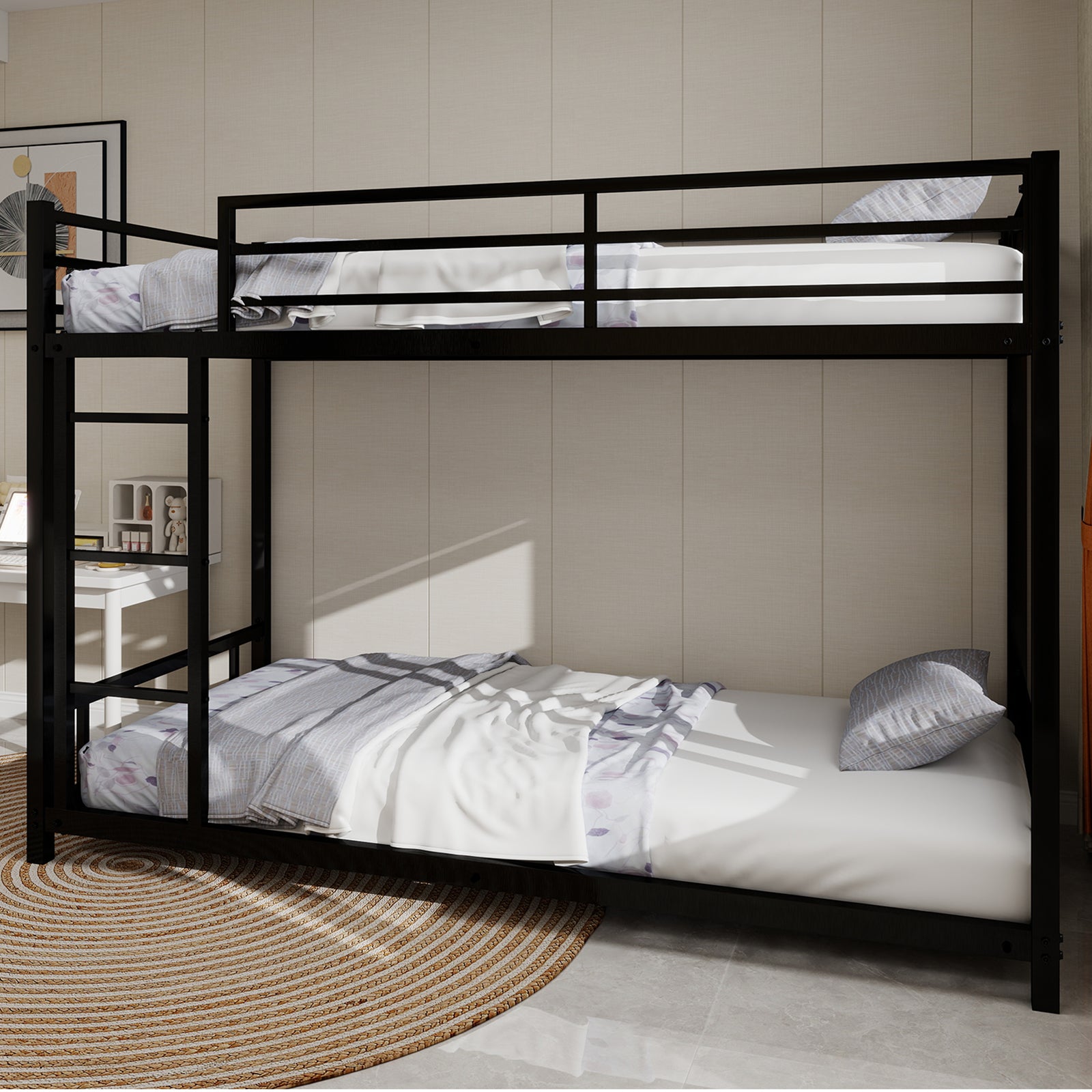 Metal Bunk Bed, Two Single Beds, Heavy-Duty, Quiet, Safety Railing, No Box Spring Required, Metal