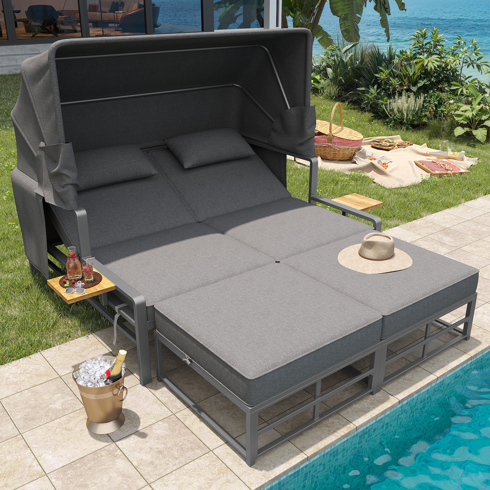 Garden Lounge Set Sun Lounger 2-4 Person with Foldable Sunshade