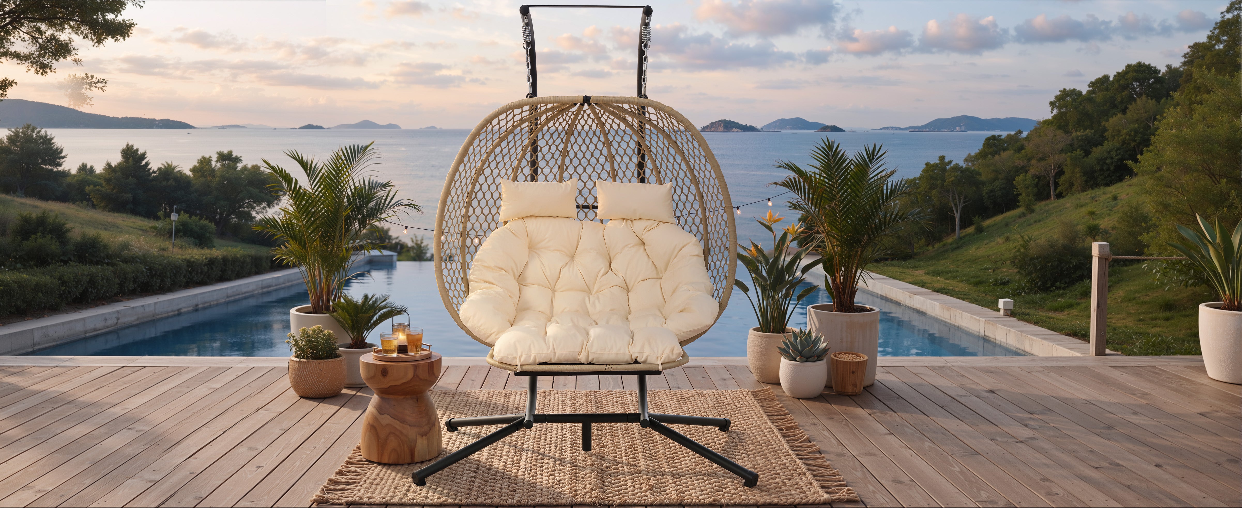 Double Hanging Egg Chair with Stand, Seat Cushion and Footrest, Outdoor/Indoor, Metal and Rattan
