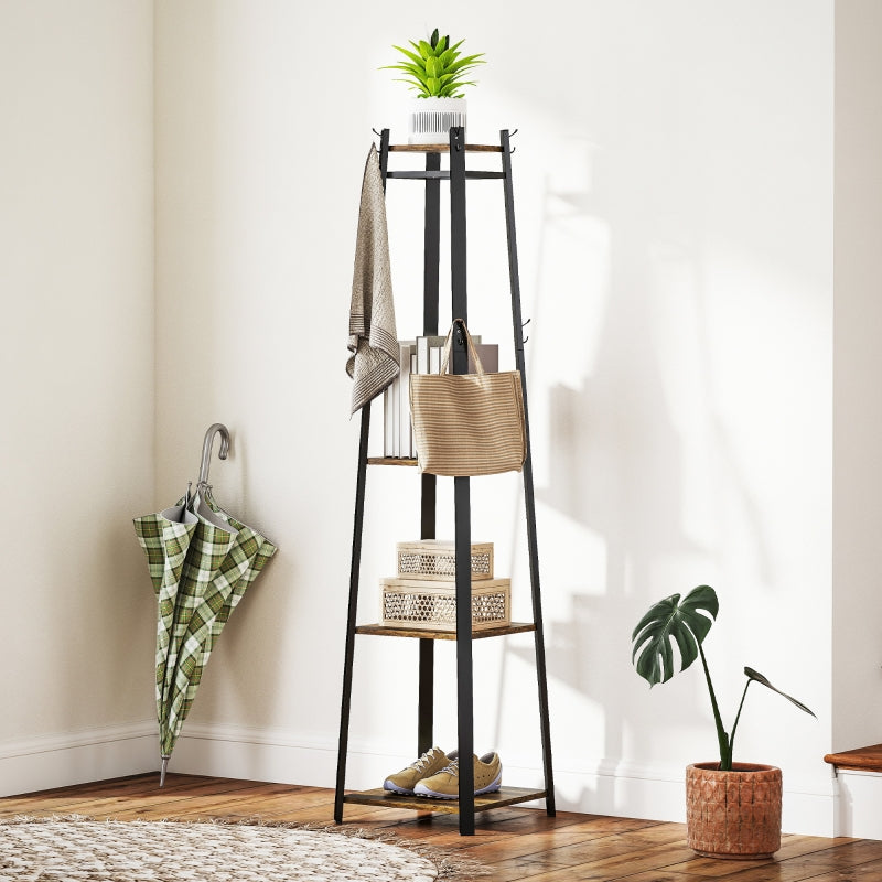 Compact Freestanding Coat Rack Multi-Storage Trapezium Shape - Black/Brown
