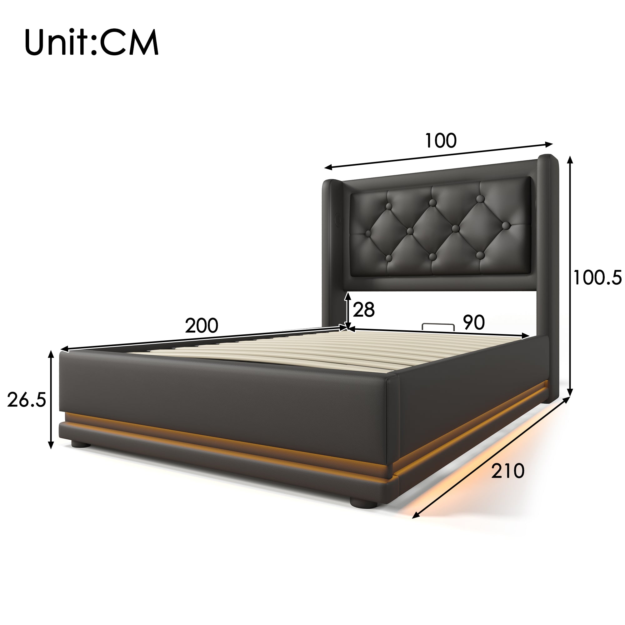 Upholstered Single Bed 90x200cm Hydraulic Storage USB-C LED Headboard, Black PU