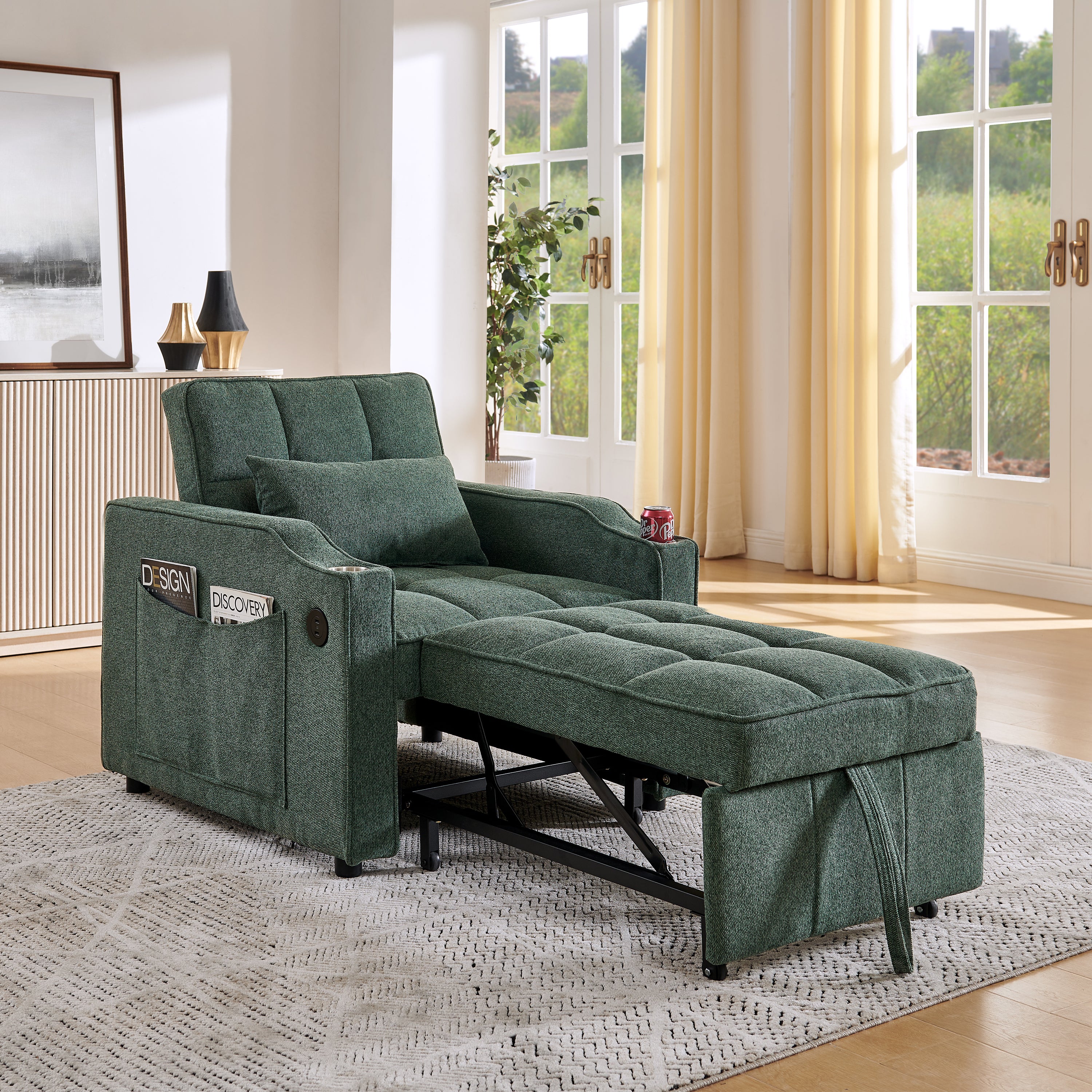 3-in-1 Light Luxury Sofa Bed with Slide-to-Transform Design and USB Charging, Green