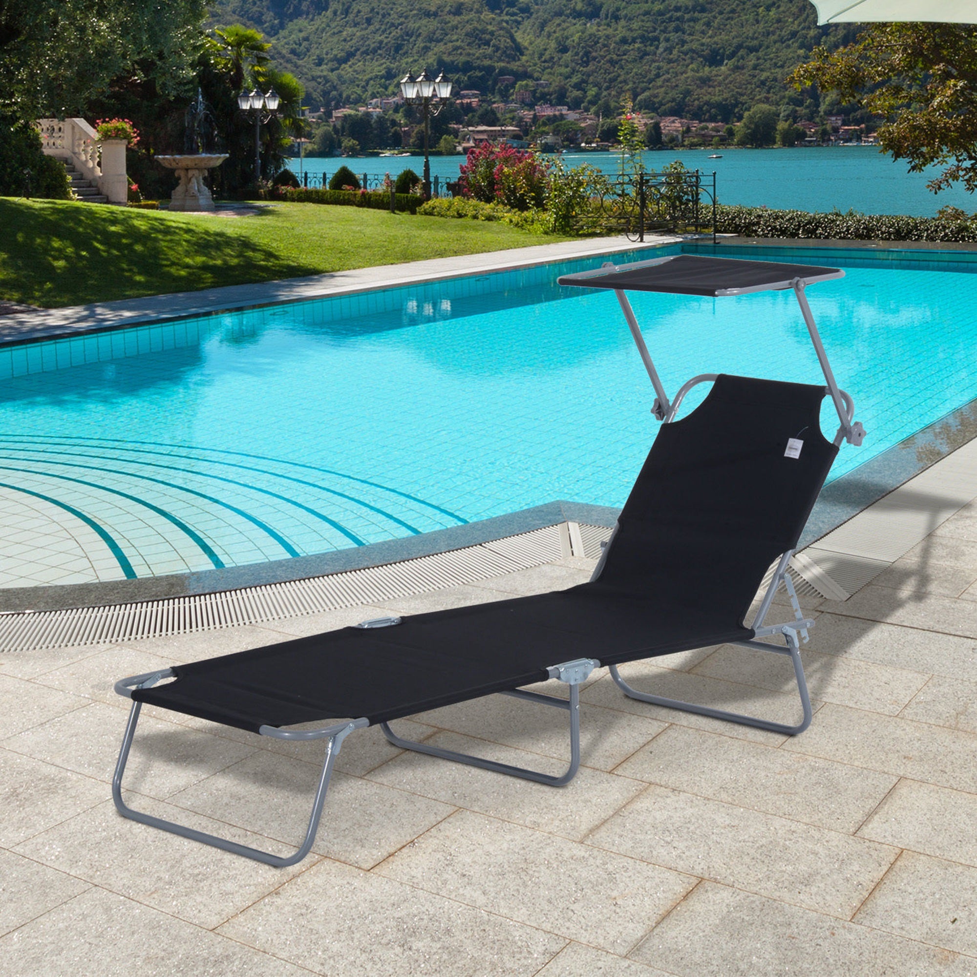 Folding Sun Lounger with Sunshade, 187x58x36 cm, Black