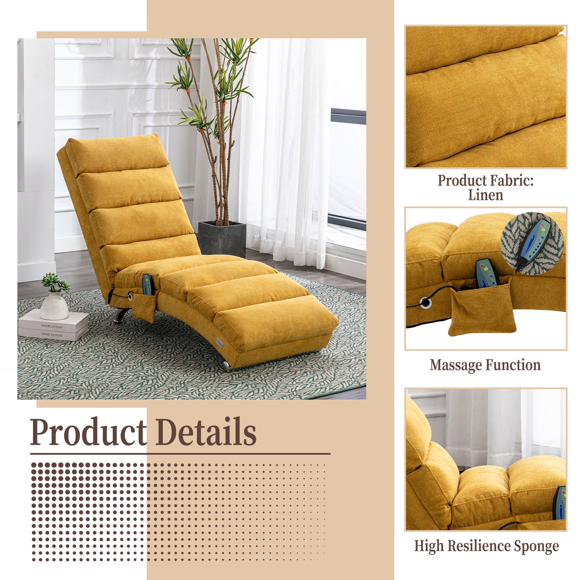 GOMYWAY Chaise Lounge Fixed Recliner Sofa with Vibration and Side Pocket, Linen