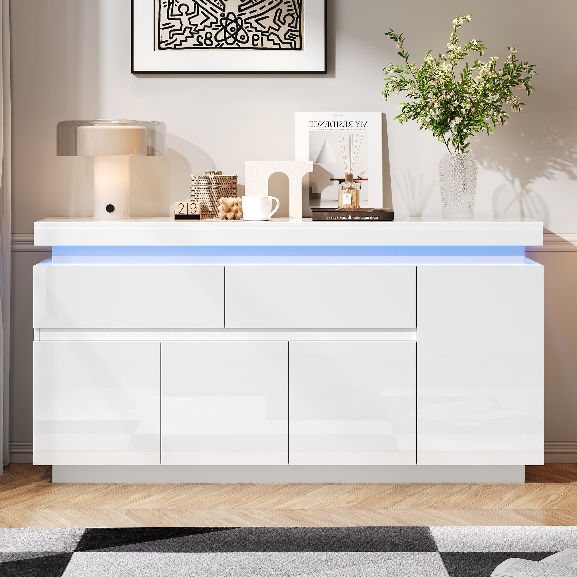 Sideboard 140x35x72.5cm High-Gloss LED 2 Drawers 4 Doors - White