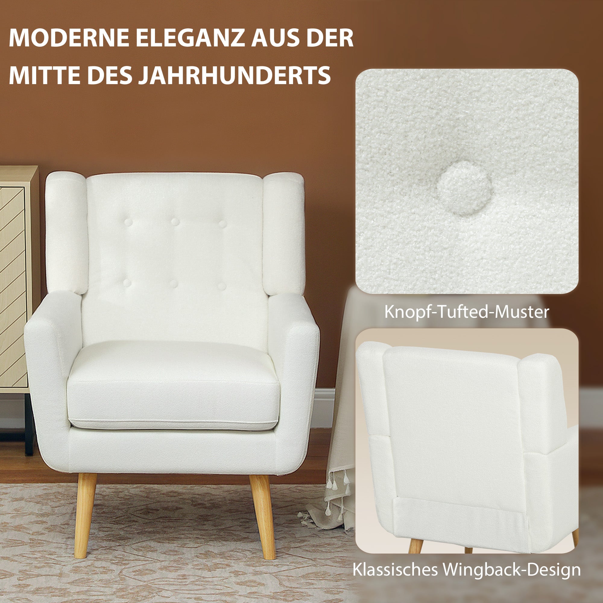 Armchair Tufted Lounge Chair with Teddy Fleece, White