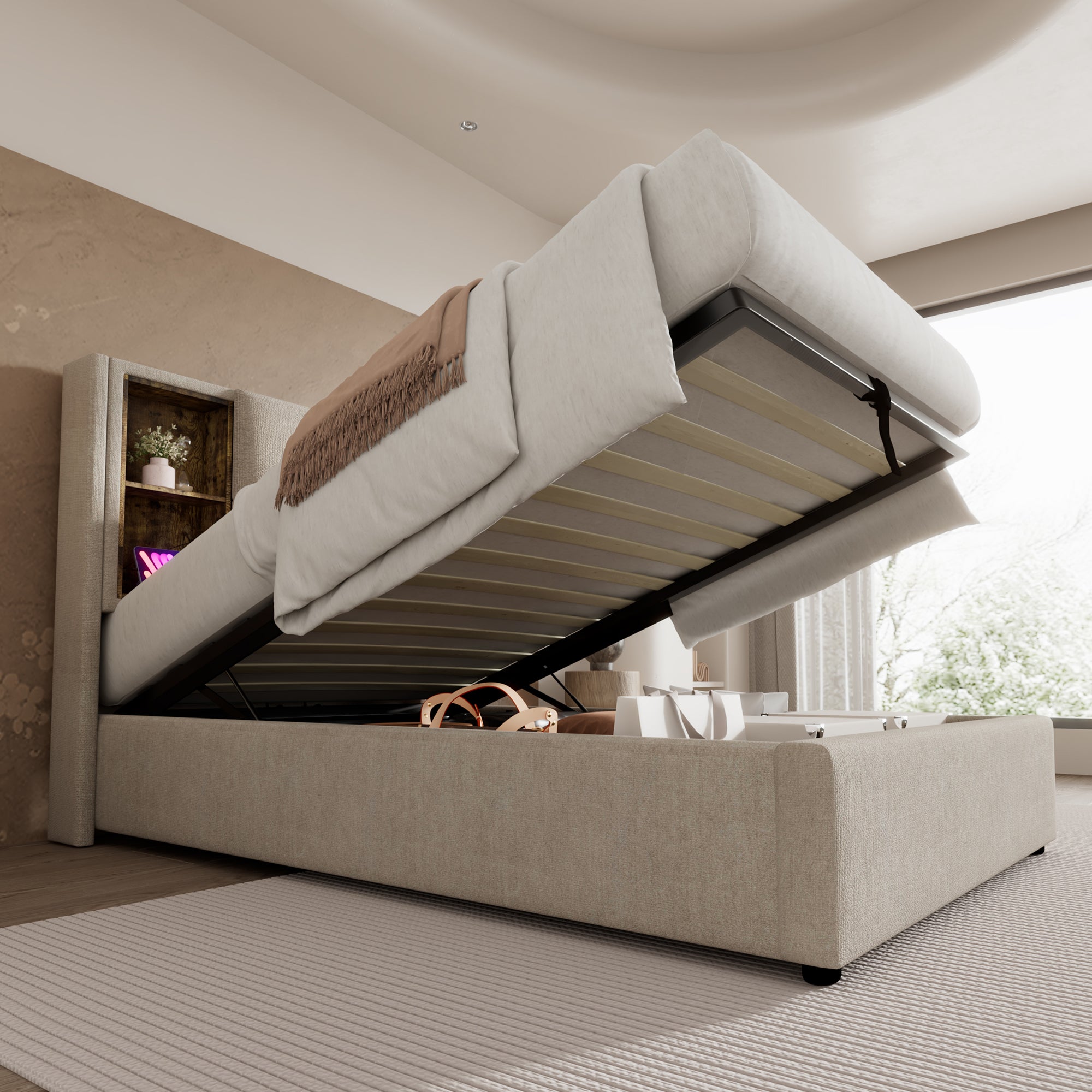 Single Bed, Wireless Charging USB C, Upholstered with Storage, 90x200cm Wood-Natural Linen