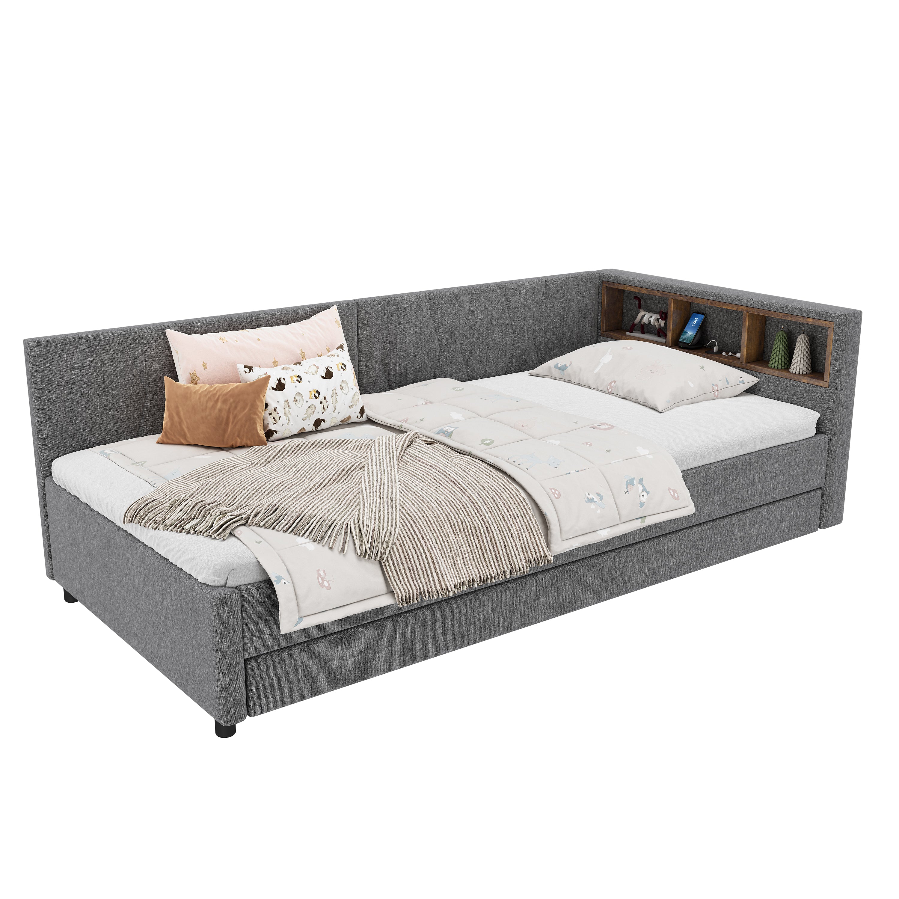 Daybed Sofa Bed 90x200cm Pull-out Bed Storage LED USB/Type-C - Linen Grey