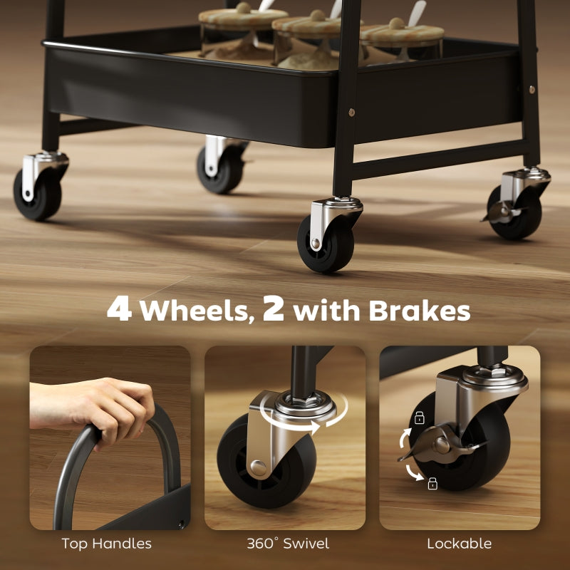 3-Tier Kitchen Storage Trolley with Wheels and Cover Top Board, Rustic Brown and Black