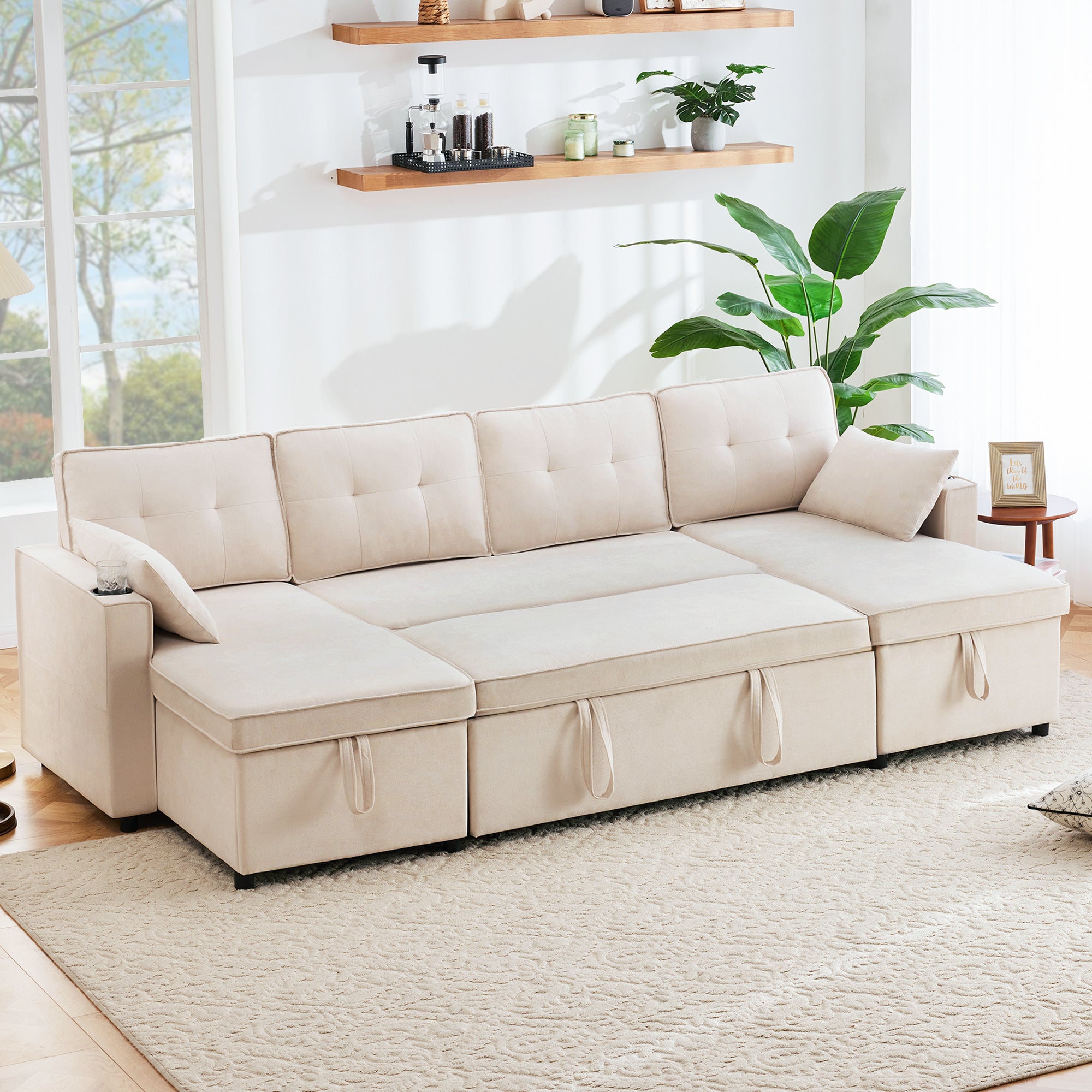 Sofa Bed, U-shaped Sleeper with Cupholder & Storage, Cotton Linen Fabric