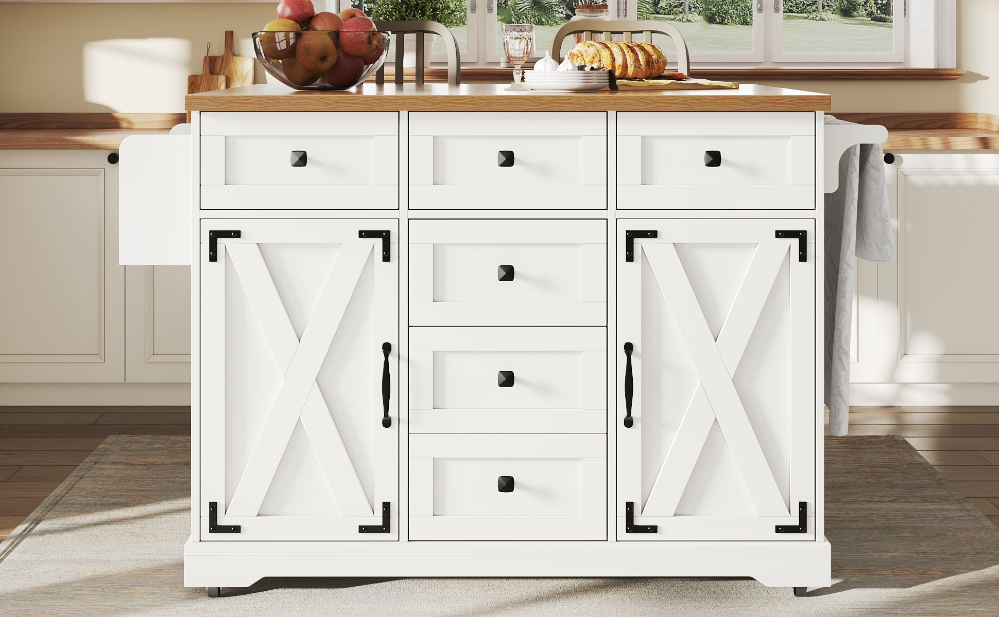 Kitchen Island Serving Trolley - Storage Wood Grain - White