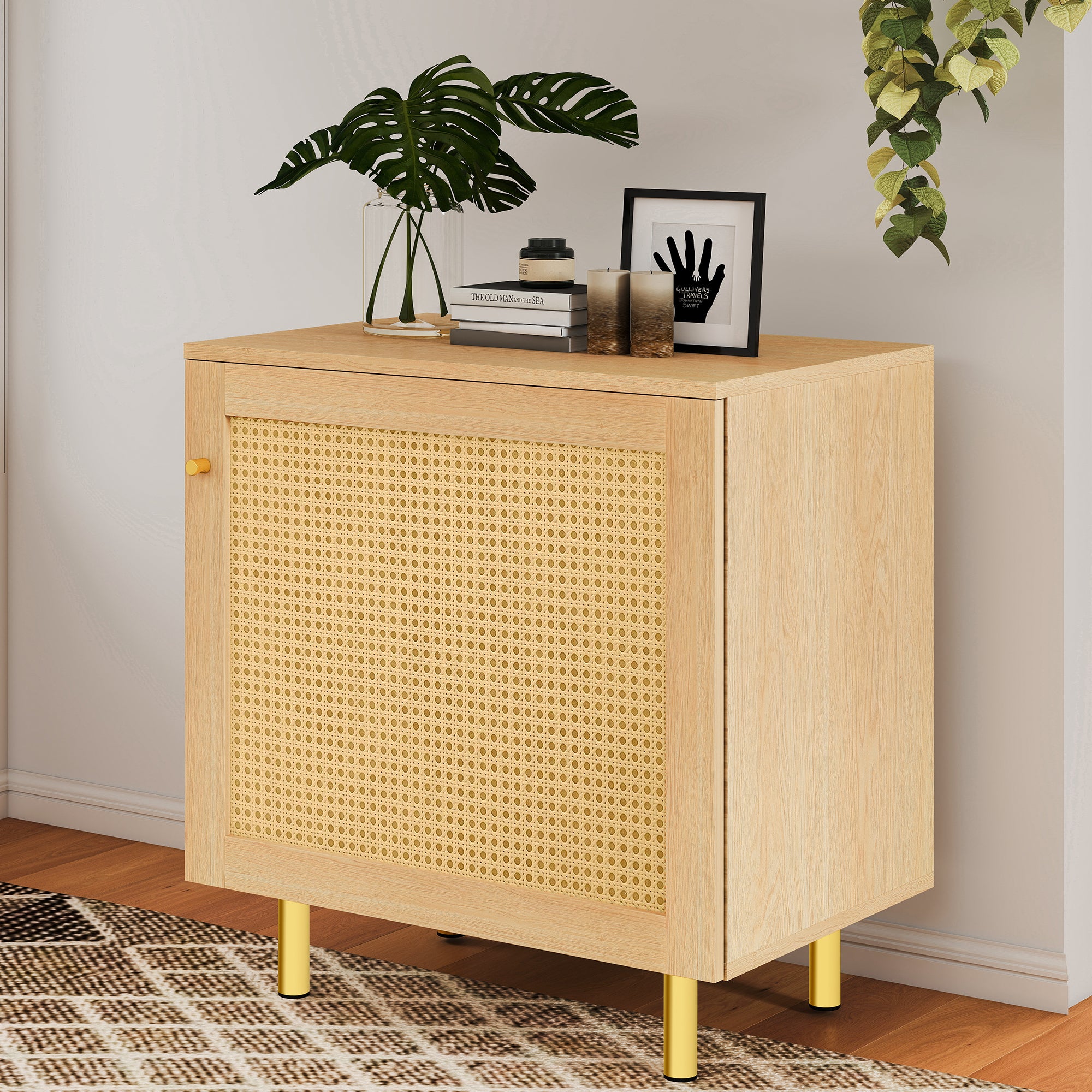 Wicker Nightstand Single Door Rustic Natural Wood Look