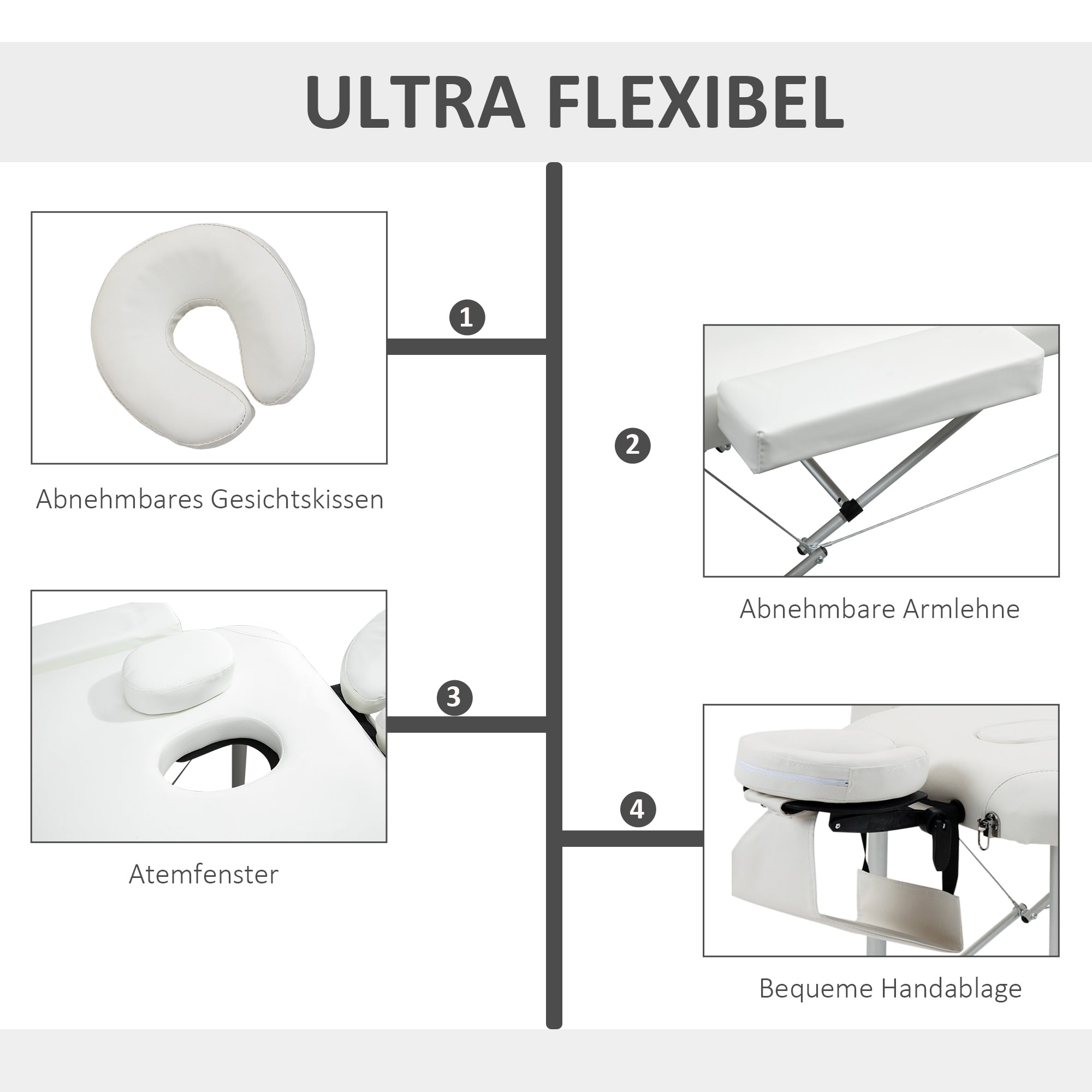 Foldable massage table, height-adjustable with pillow, white plastic & aluminum