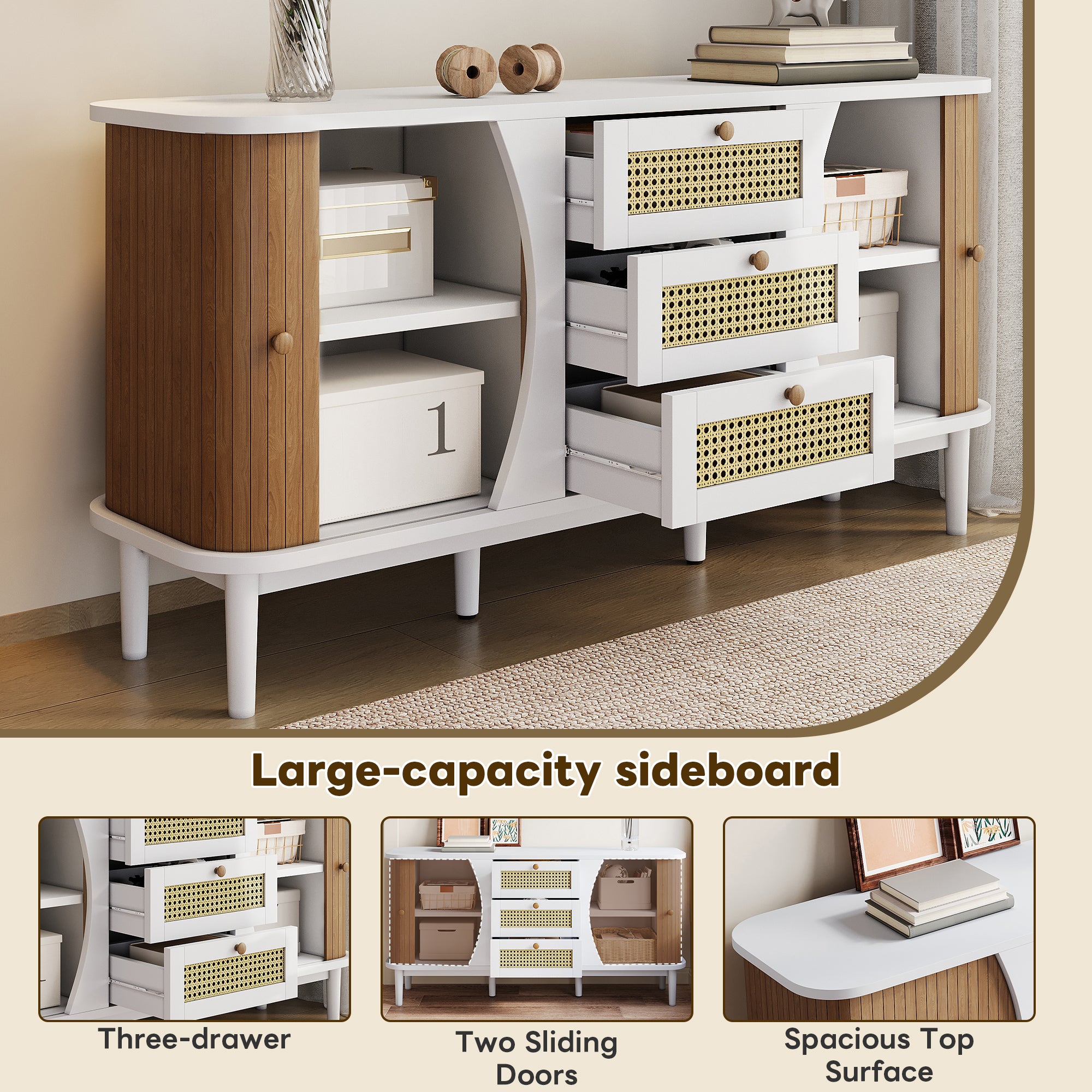 Sideboard Rattan Sliding Doors Adjustable Shelves - Curved Top