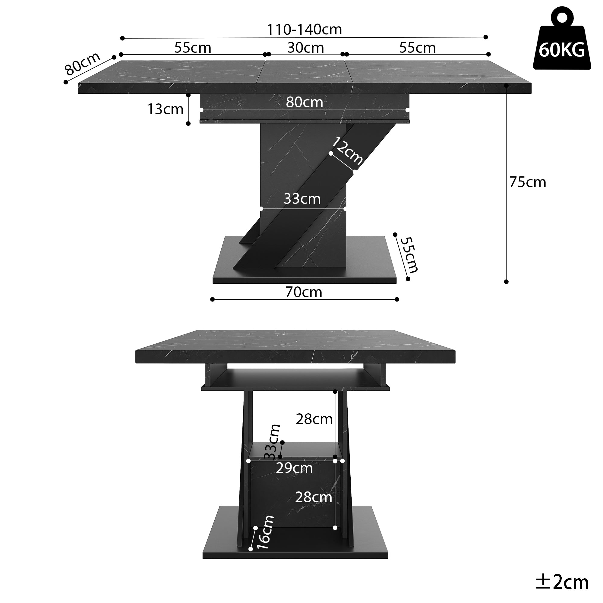 Telescopic Dining Table 110-140x80cm Extendable - Black Marble Look