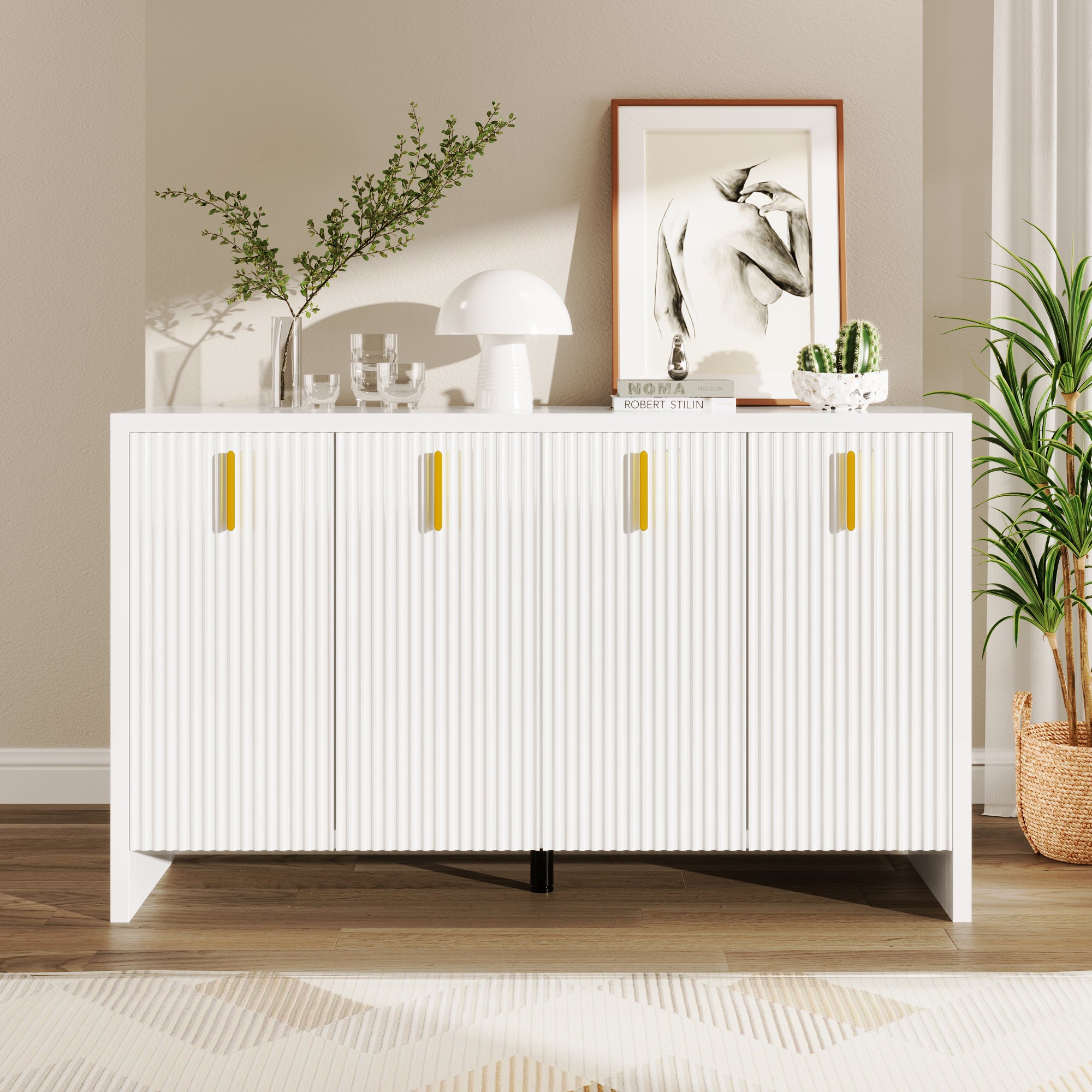 Sideboard, Minimalist with Golden Handles & Adjustable Dividers, White