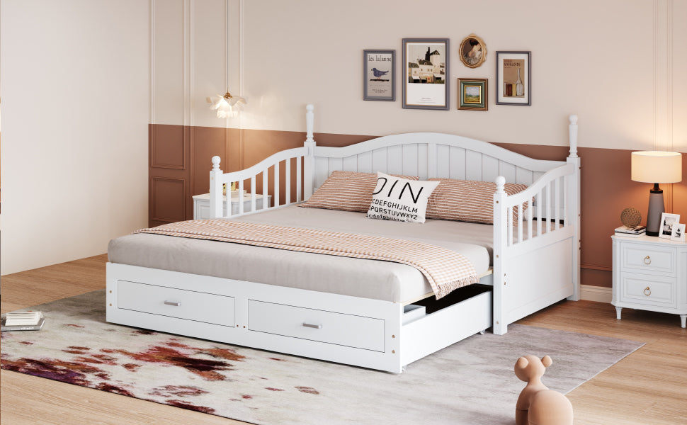 Sofa Bed, Pull-Out Multifunctional with Drawers & Slatted Frame, Pinewood White