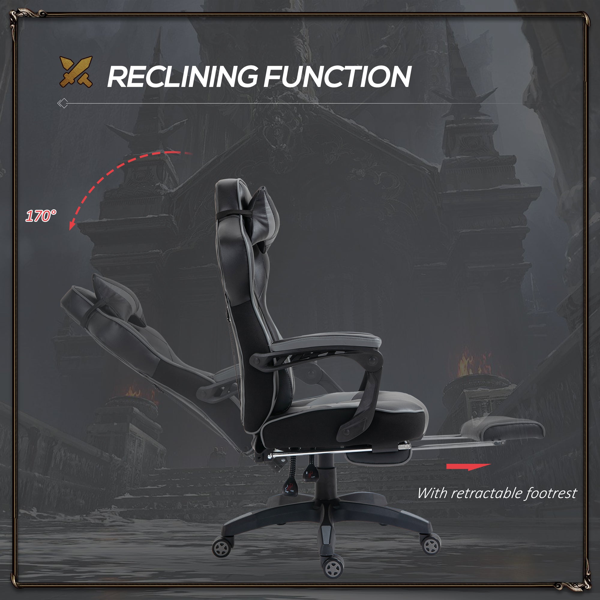 Computer Gaming Chair, Racing Style Lumbar Support Footrest Headrest Swivel Wheels, PU Leather Grey