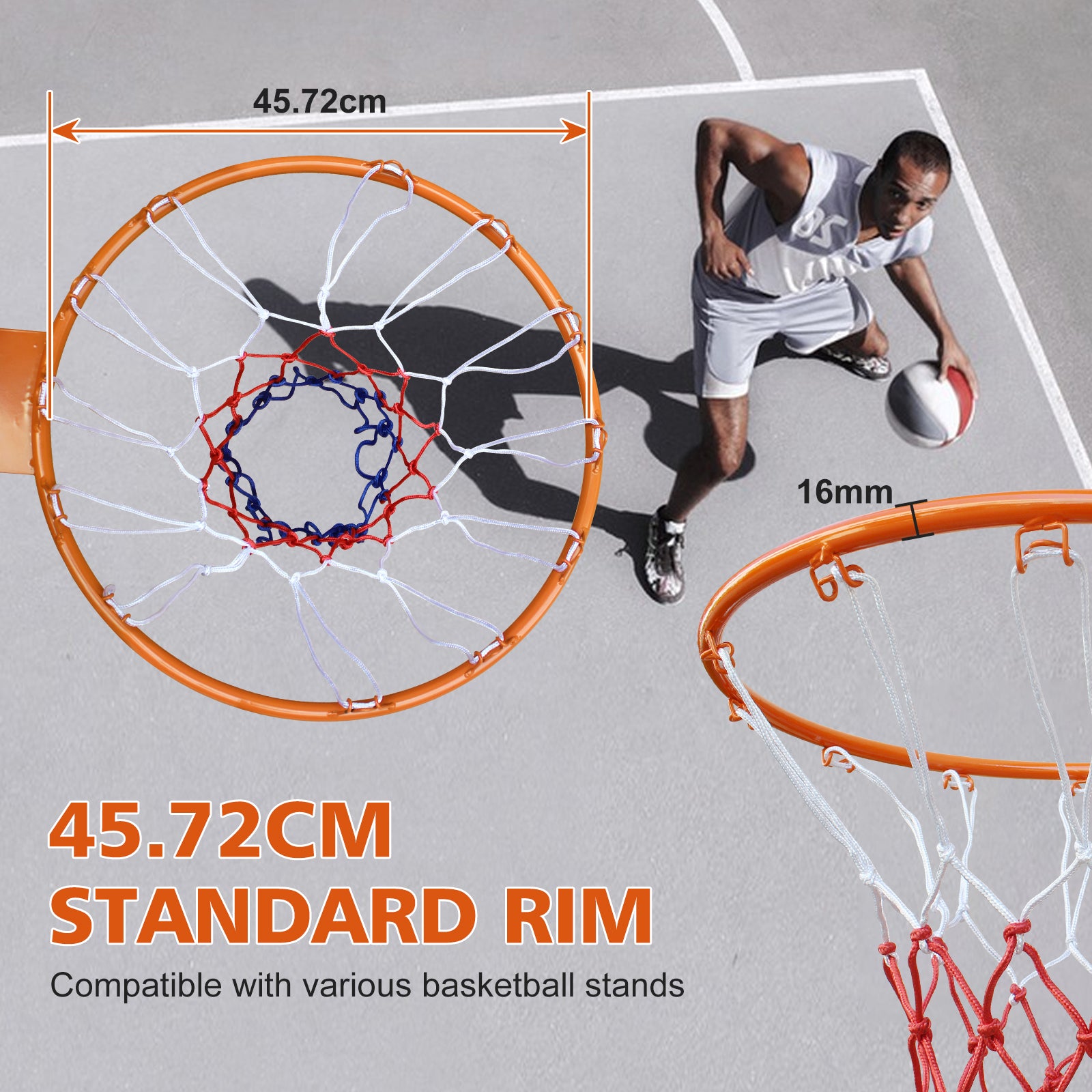 Basketball Rim Replacement, Double Spring Solid, In-Ground & Wall-Mounted Steel, Orange
