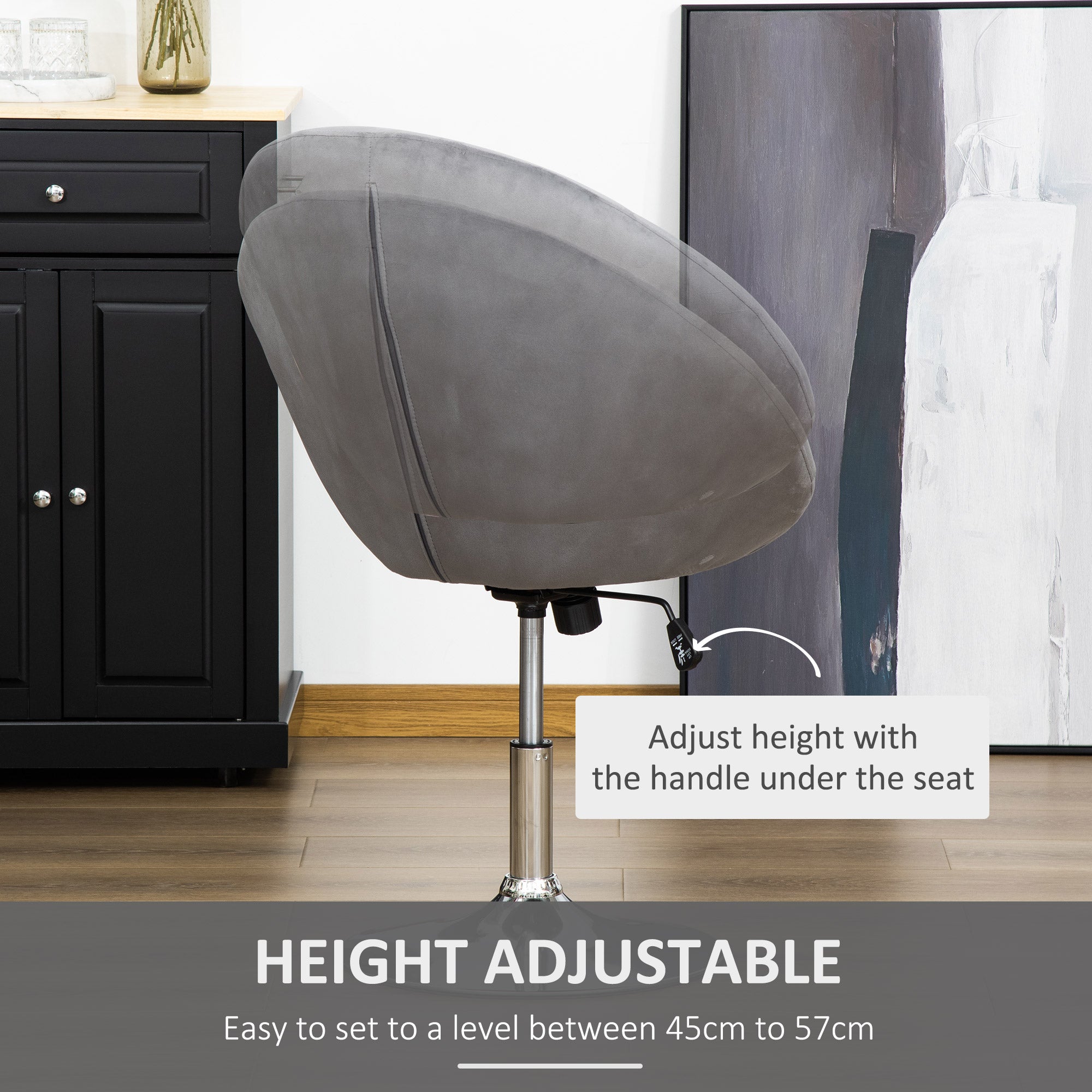 Swivel Dressing Stool, Adjustable Height Velvet Upholstered, Grey