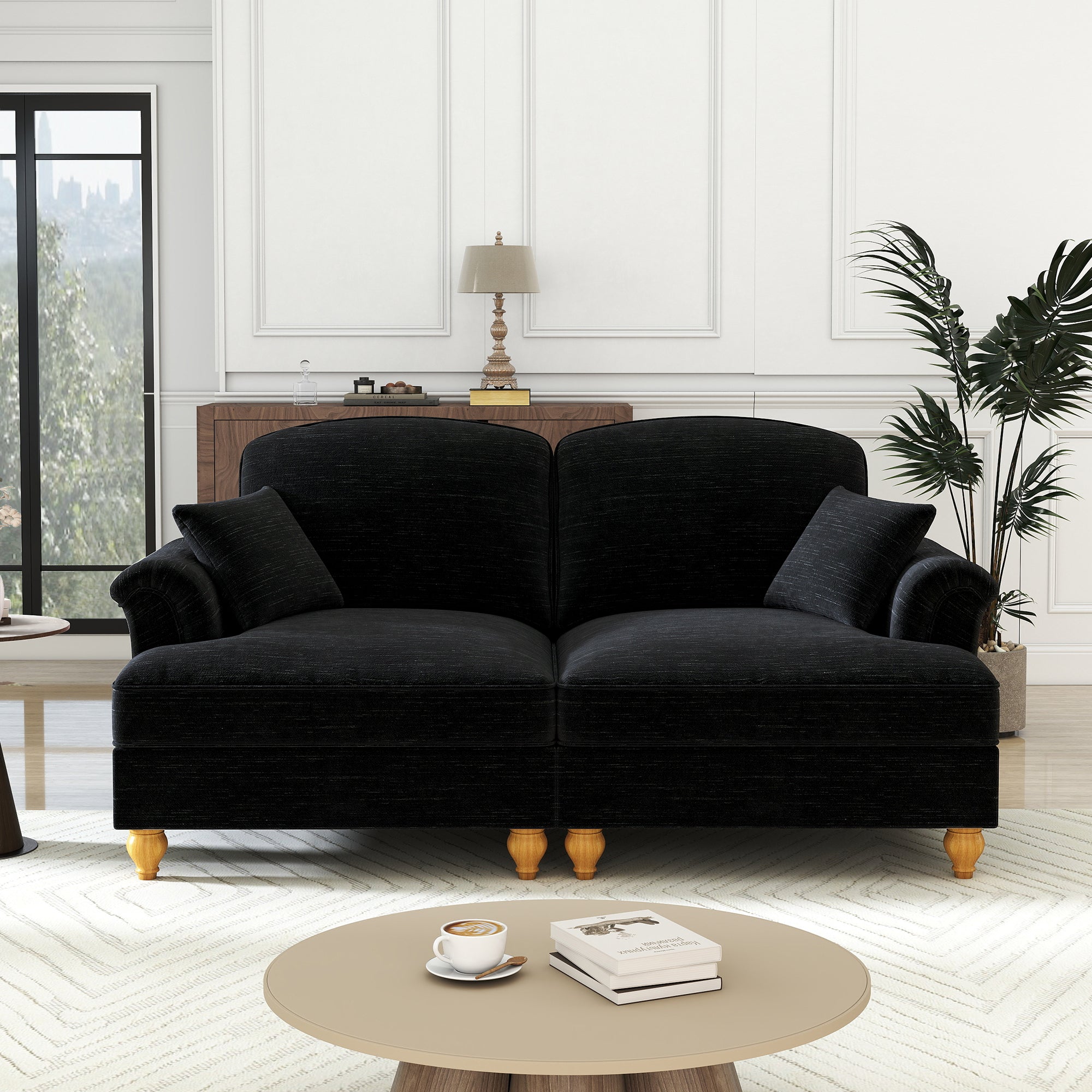 2-Seater Sofa, Medieval-Modern Style with Flared Armrests & Removable Valance, Black Chenille Fabric