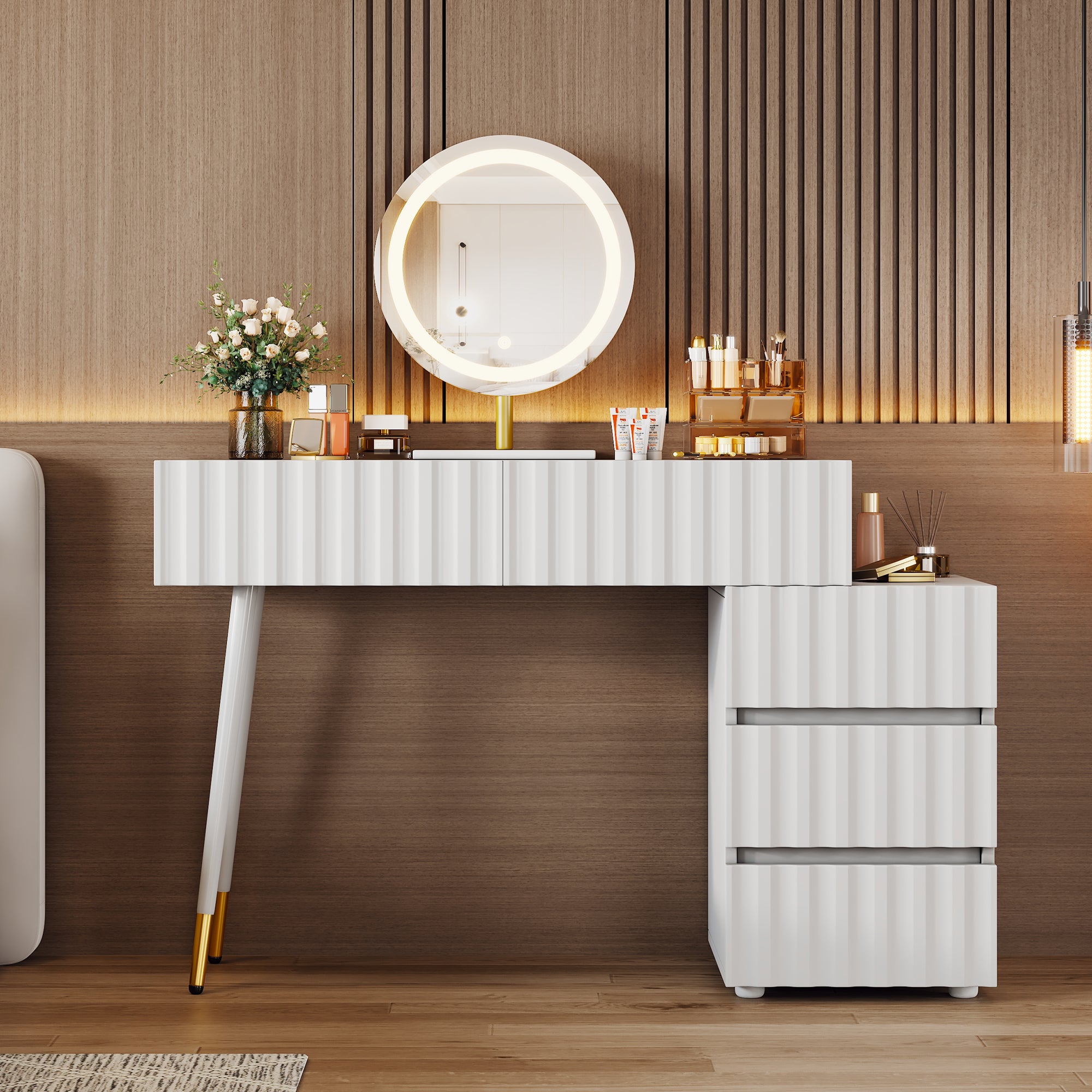 Dressing table with LED mirror and lighting, 5 spacious drawers, white