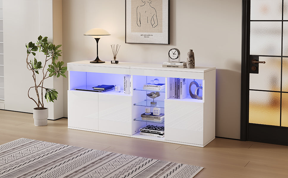 Living Room Cabinet Sideboard 155.5x35x72cm High-Gloss LED 3 Doors White