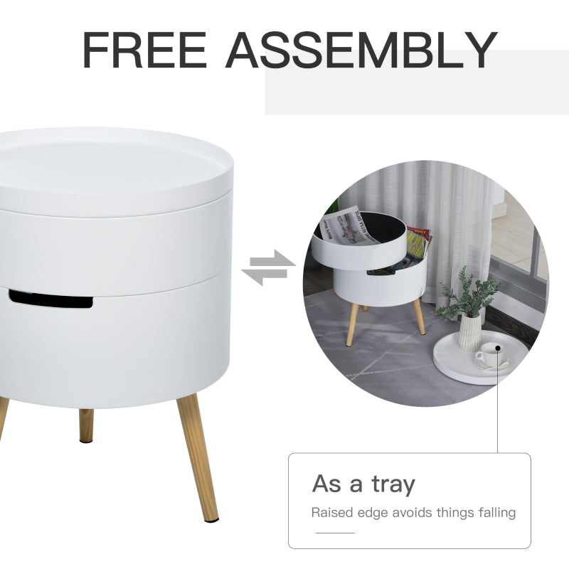 3-Tier Coffee Table, Round End Table with Hidden Storage and Detachable Tray, White Engineered Wood