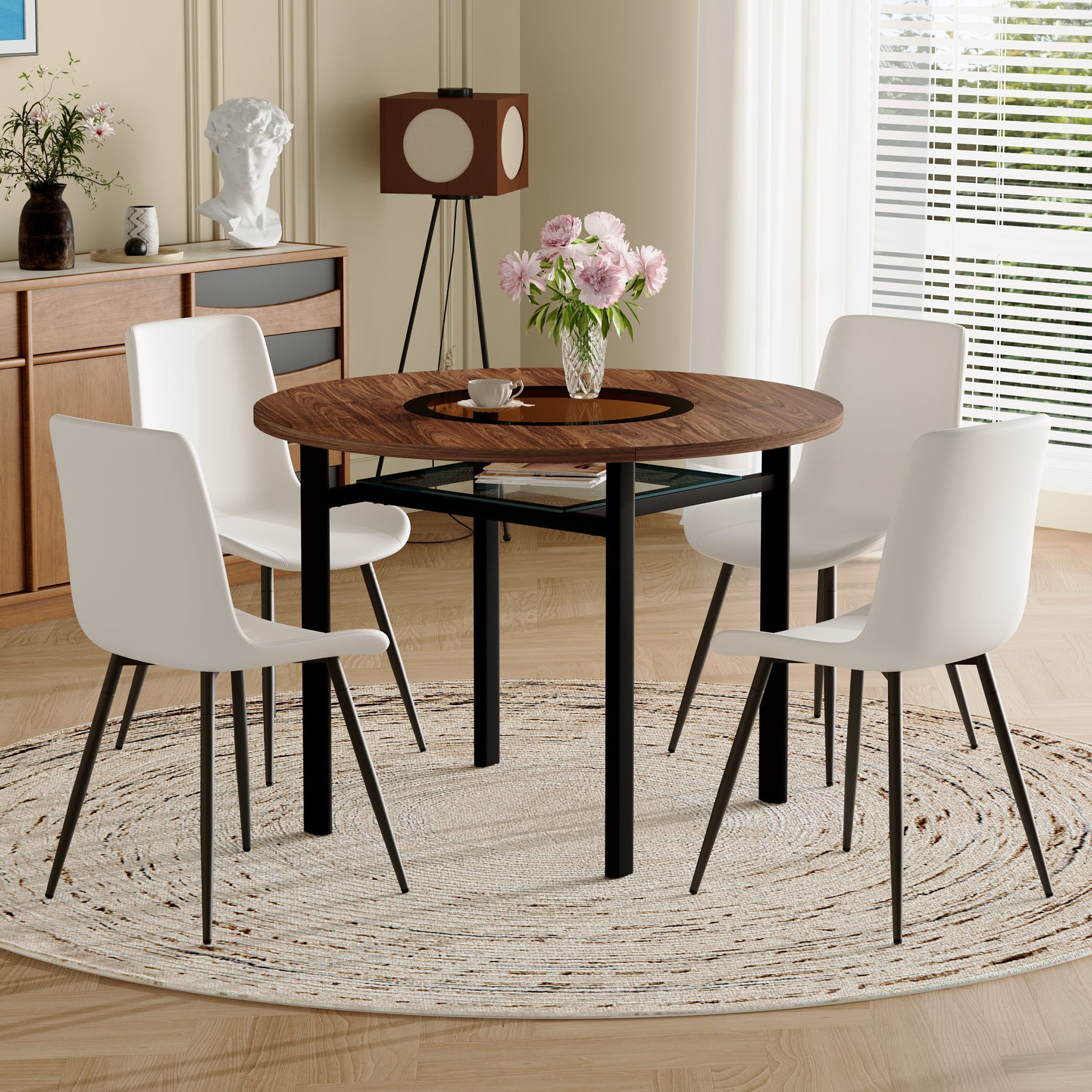 Modern Minimalist Round Table Set, 4 White Armchairs, Integrated Storage, 100cm Diameter, Brown Wood/White PU