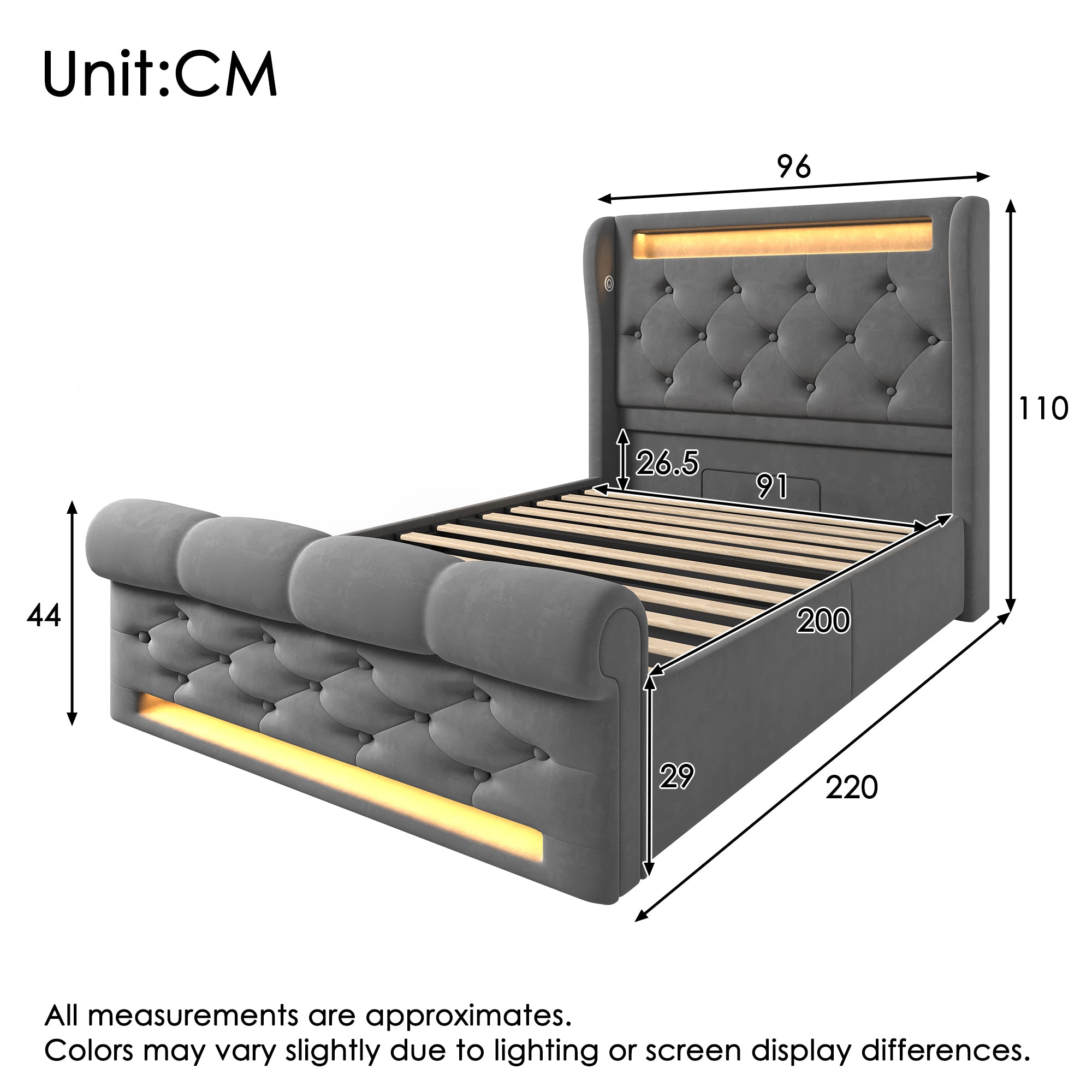 Upholstered Single Bed 90x200cm LED Headboard USB Hydraulic Storage Grey Velvet