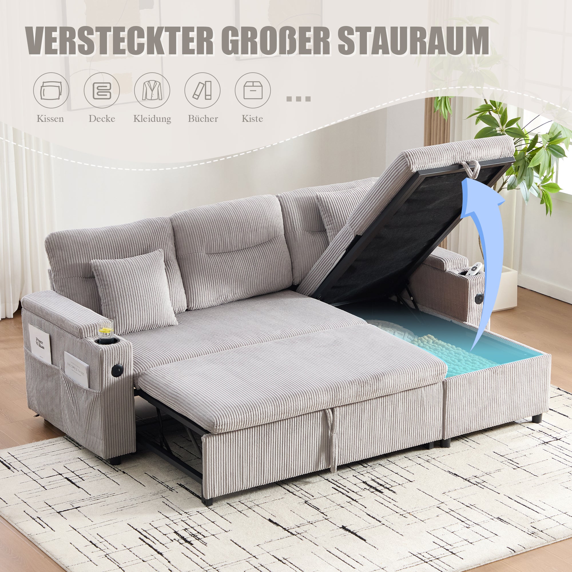 Modern 3-Seater Sofa with Storage, Cup Holders, USB-C and Pull-Out Bed, Corduroy