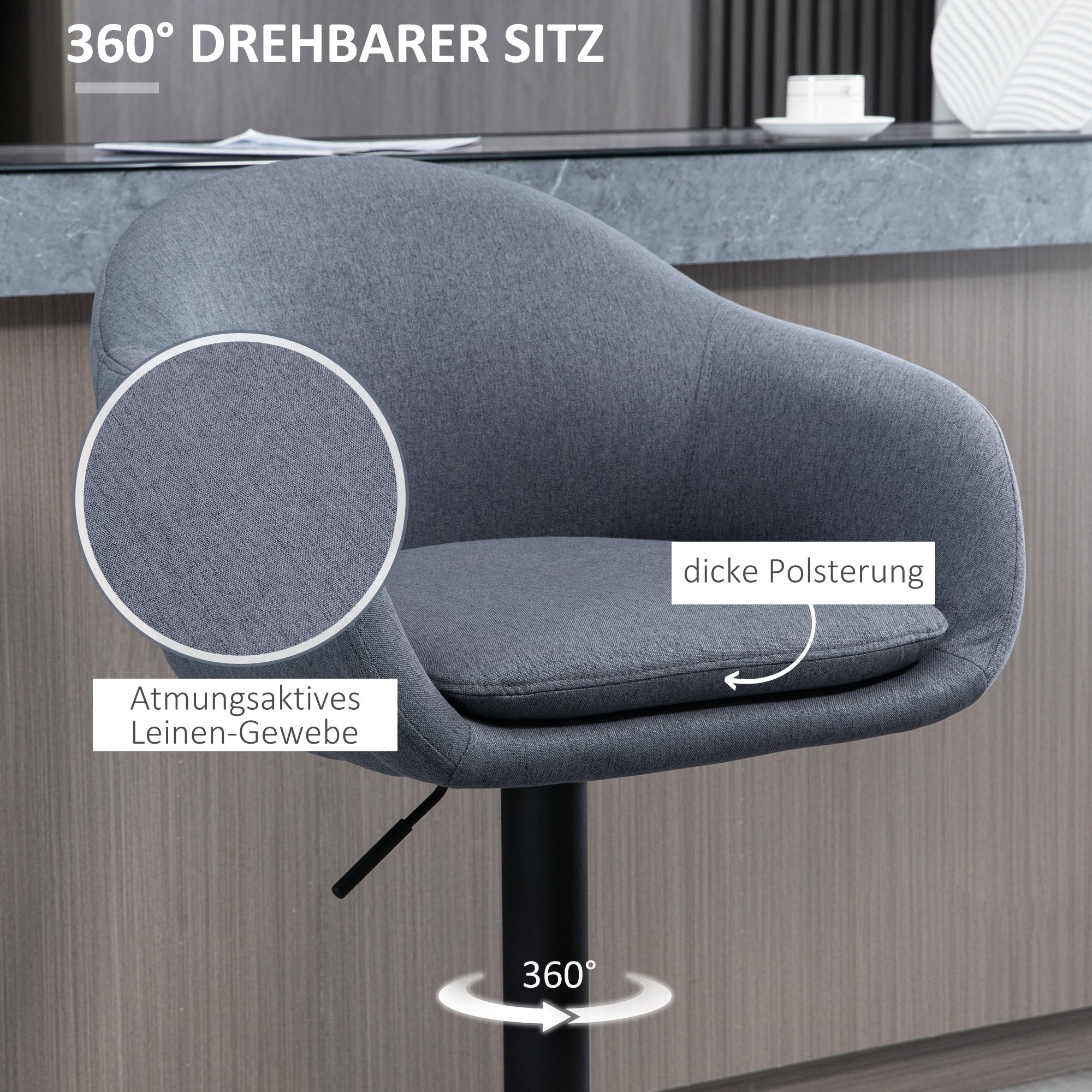 Bar Stool, Height-Adjustable with Backrest and Footrest, Grey Linen Look