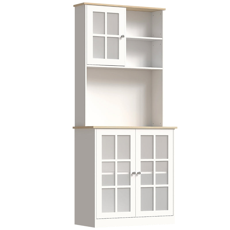 Freestanding Kitchen Cupboard, Storage Cabinet Grid Glass Doors - White