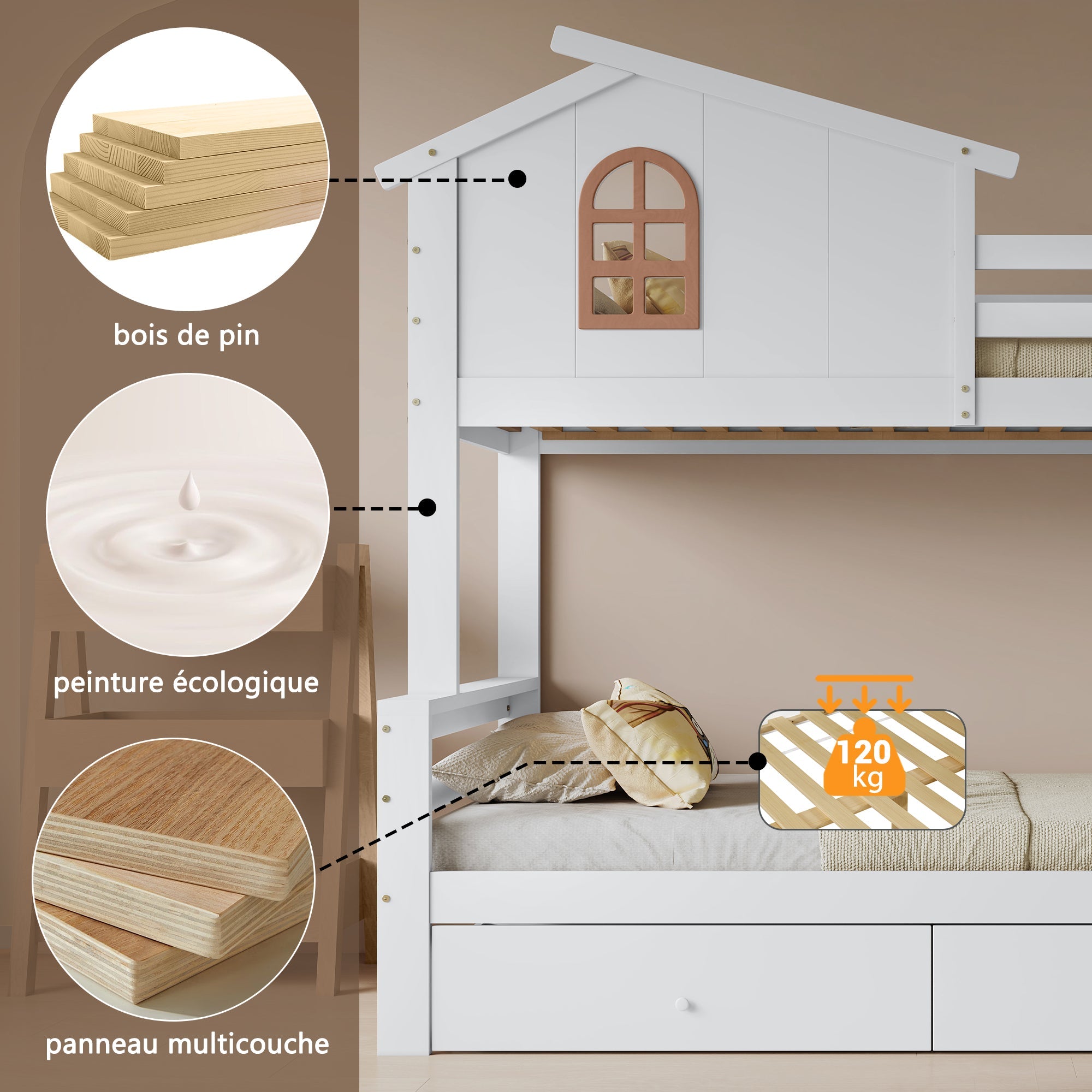 Bunk Bed with Windows, Slide, Two Drawers, Solid Wood Frame, White
