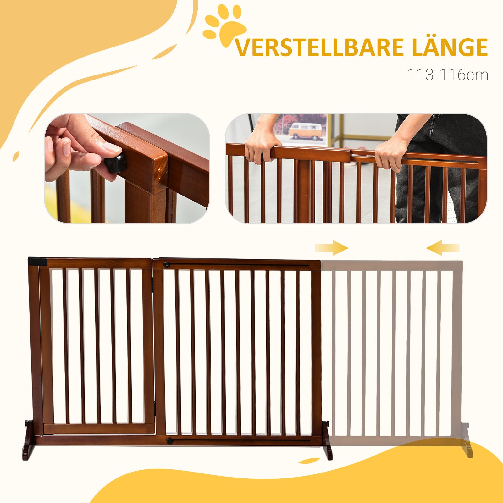 Freestanding Dog Gate with Door, Safety, Wooden, Brown