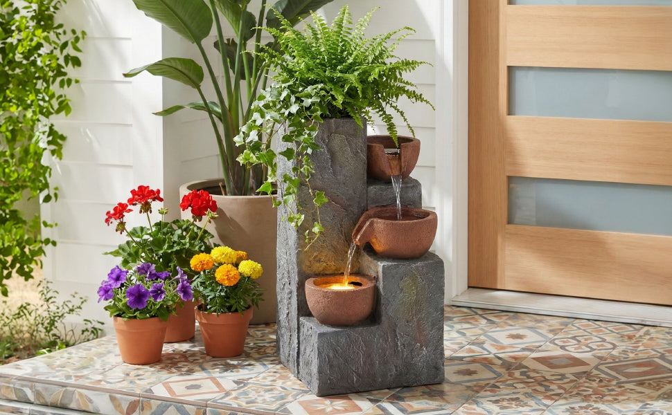 Garden Fountain with Three-Tier Waterfall and Antique Standing Basin, 230V Metal Finish