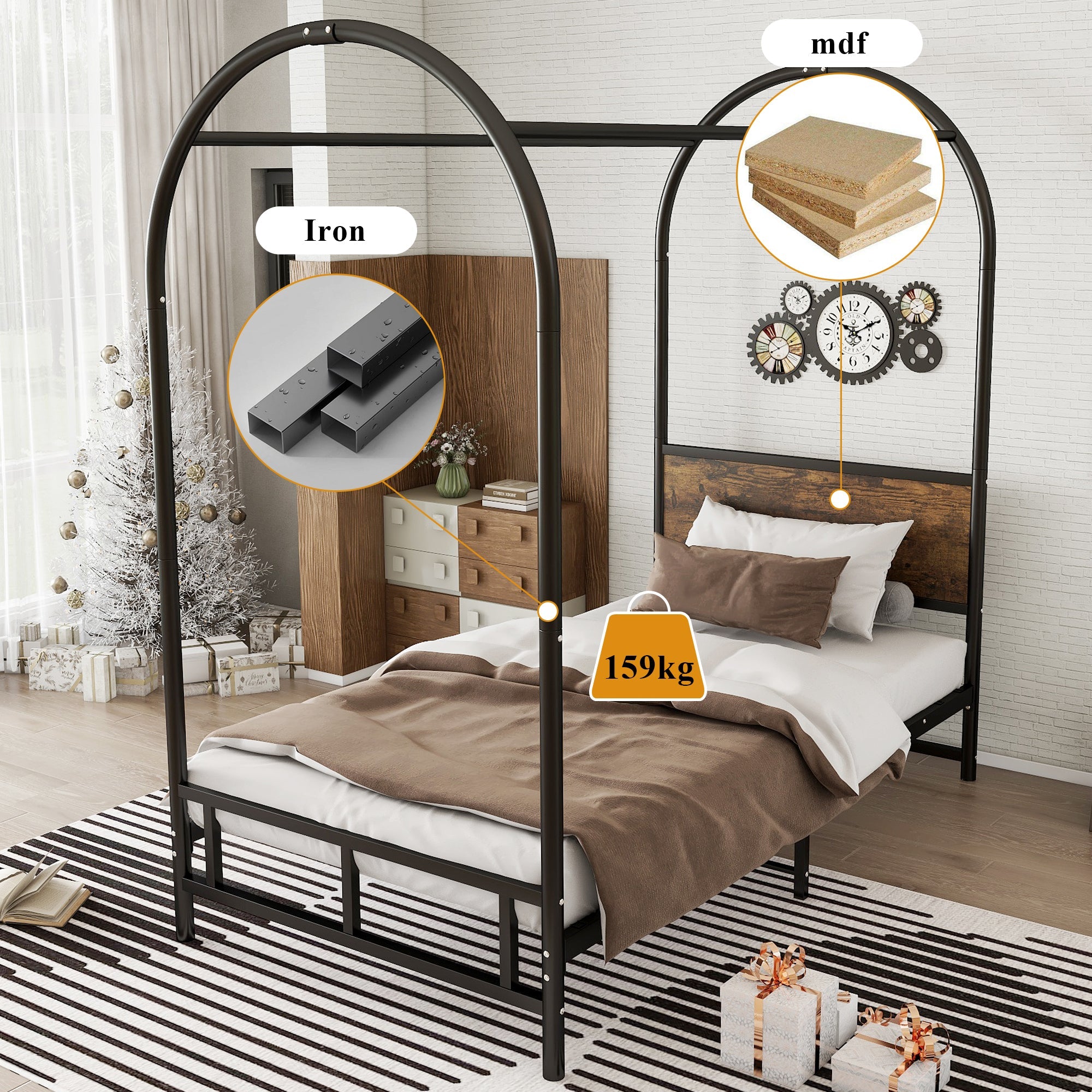 Metal Bed, 3FT Single Bed 90x190cm, Durable and Sturdy Canopy Twin Bed, Black+Wood Color, Iron