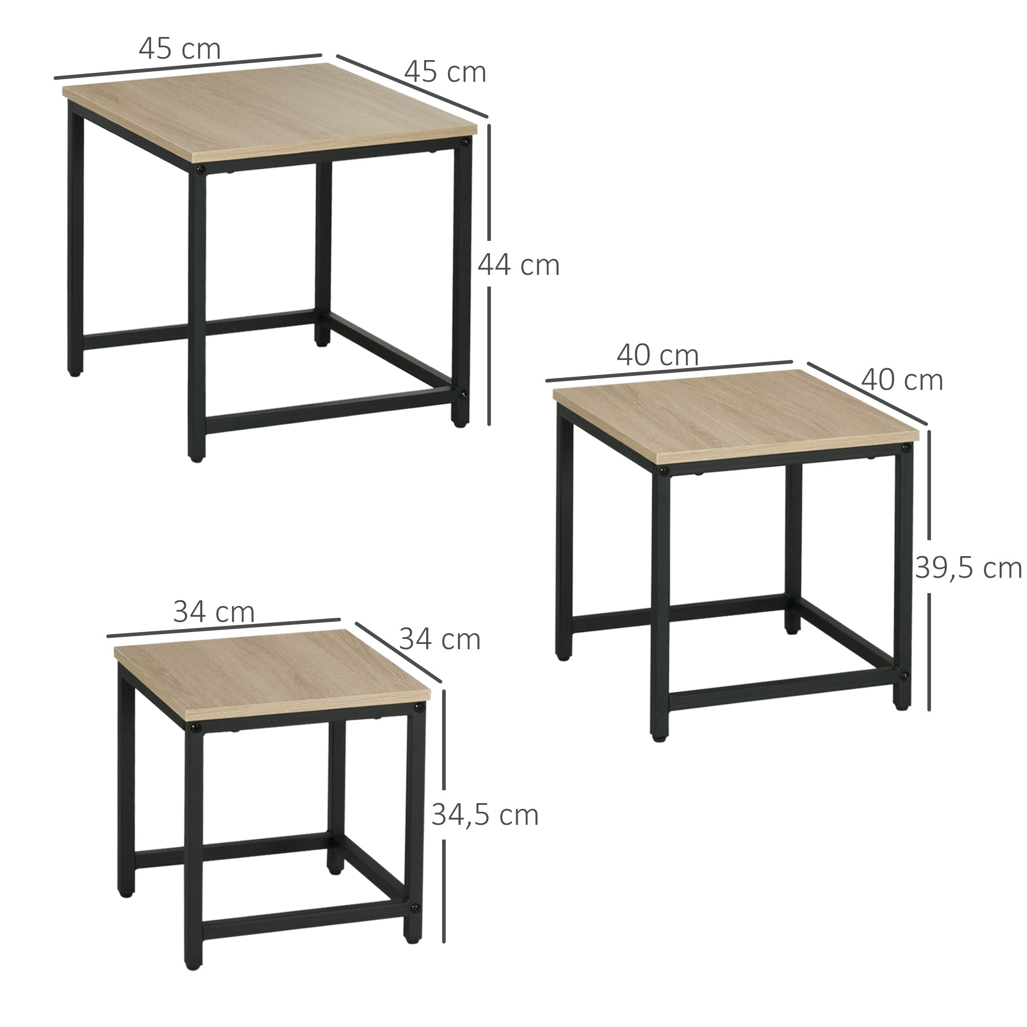 Set of 3 Coffee Tables Nesting Steel Frame Wood Look, Natural