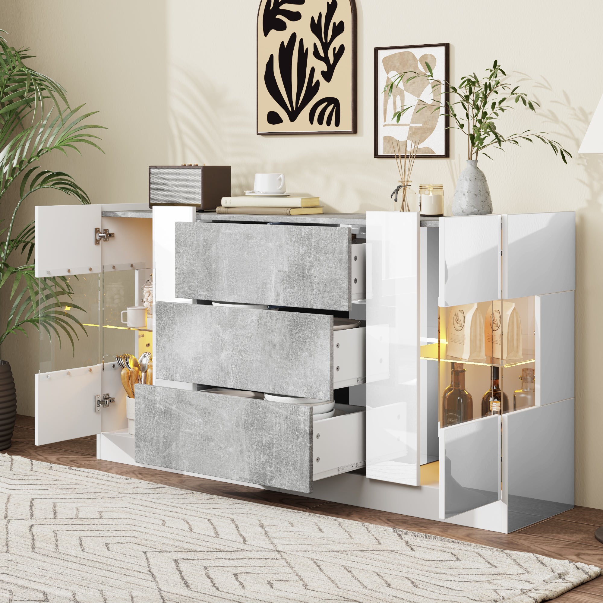 Sideboard, 2 Doors 3 Drawers LED Lighting, High-Gloss White & Grey Marble