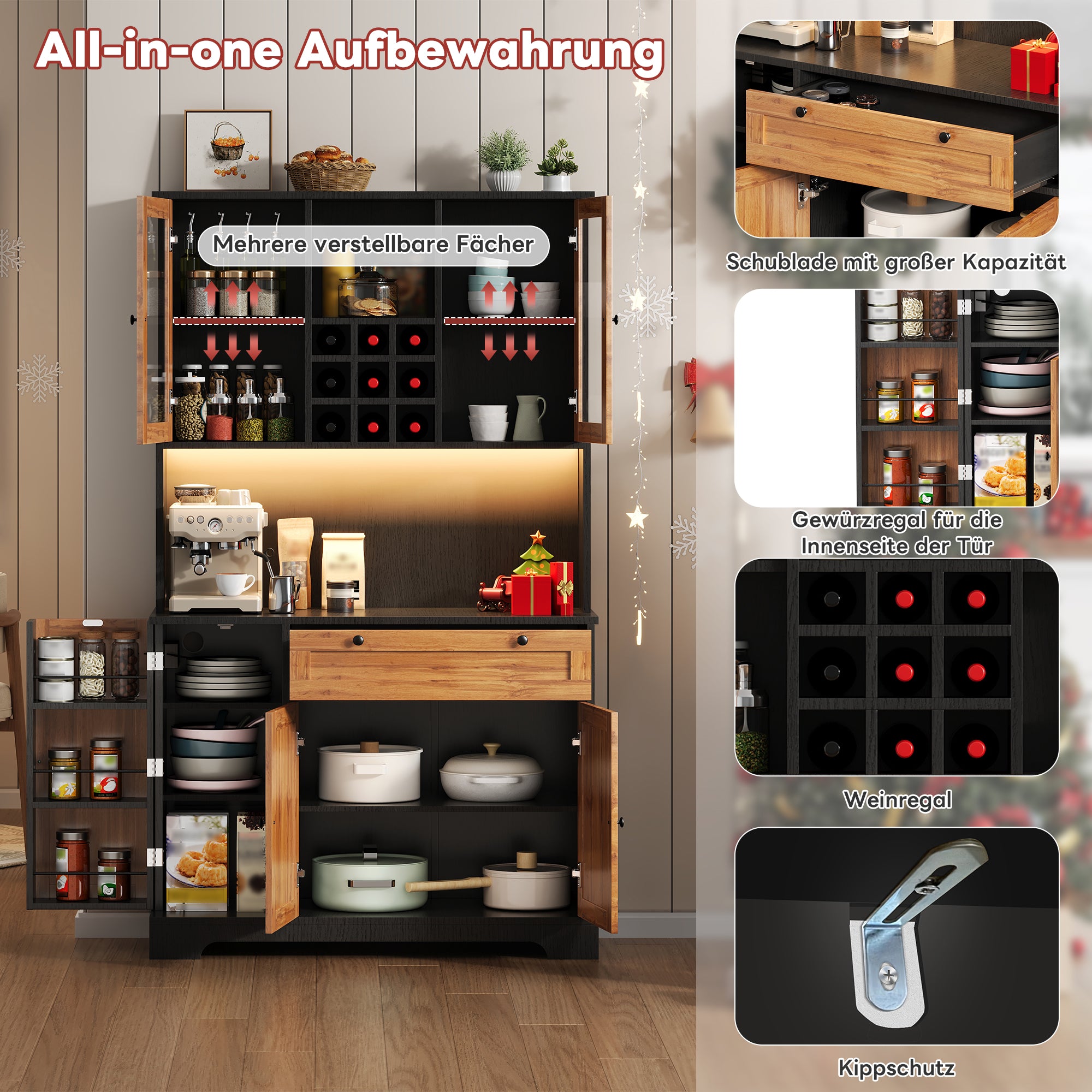 Tall Kitchen Storage Cabinet with LED Lighting and Power Outlet, White and Wood Look