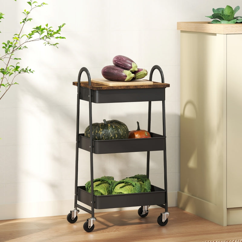 3-Tier Kitchen Storage Trolley with Wheels and Cover Top Board, Rustic Brown and Black