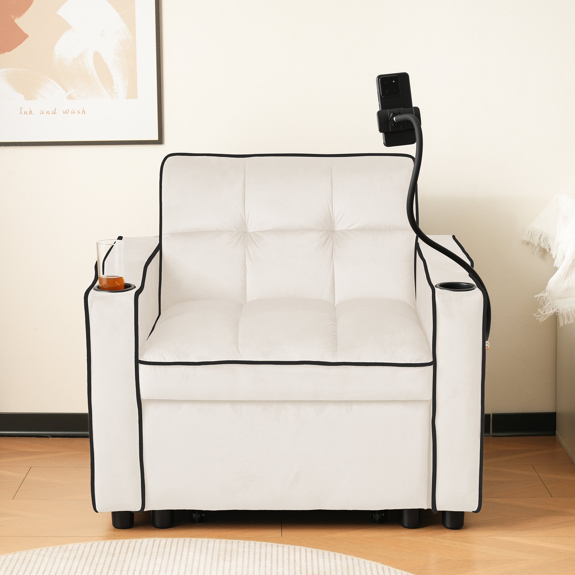 3-in-1 Pull-Out Single Sofa Bed with Cup & Phone Holders, for Small Spaces