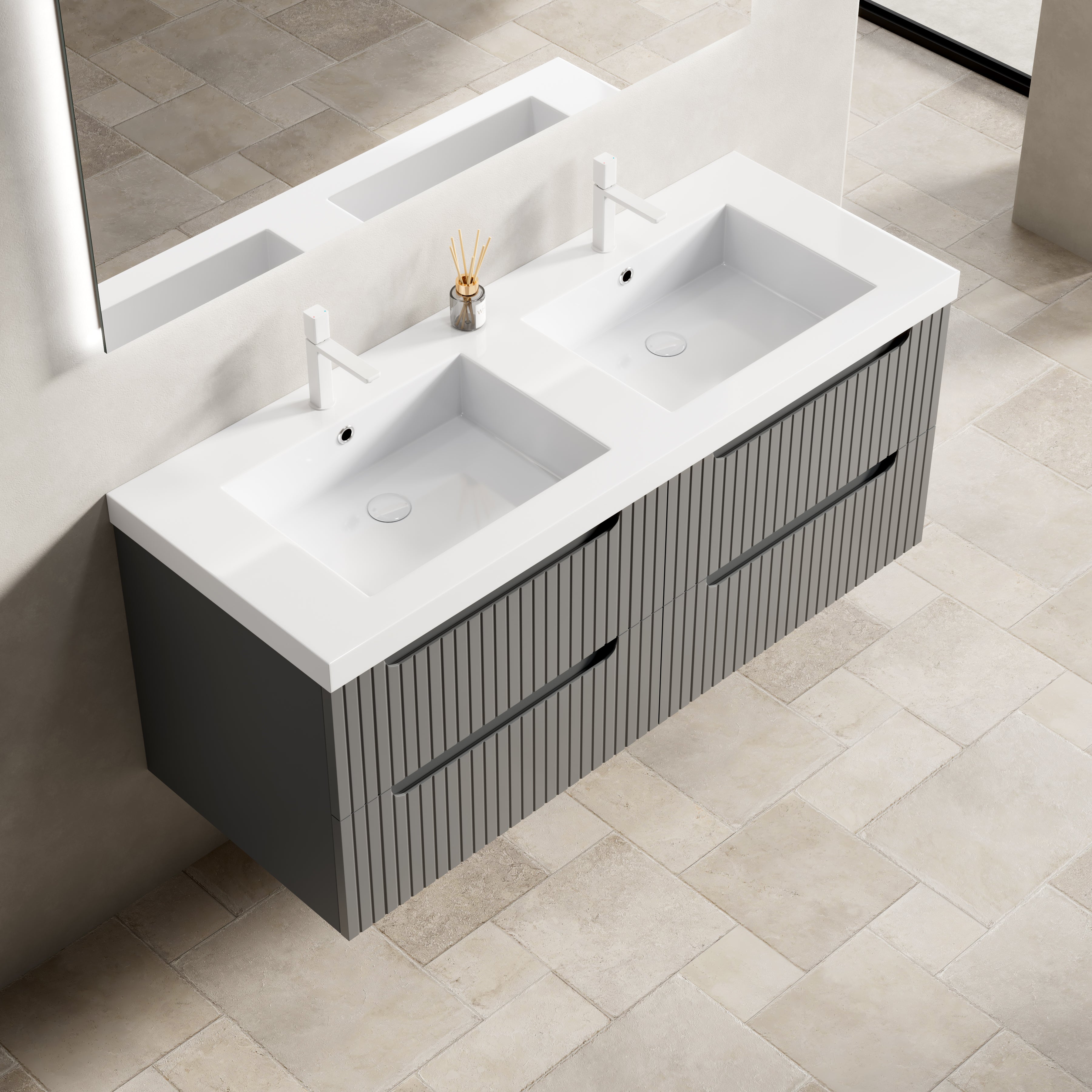 Floating Bathroom Vanity with Double Sinks and 4 Drawers, Plywood, Dark Grey