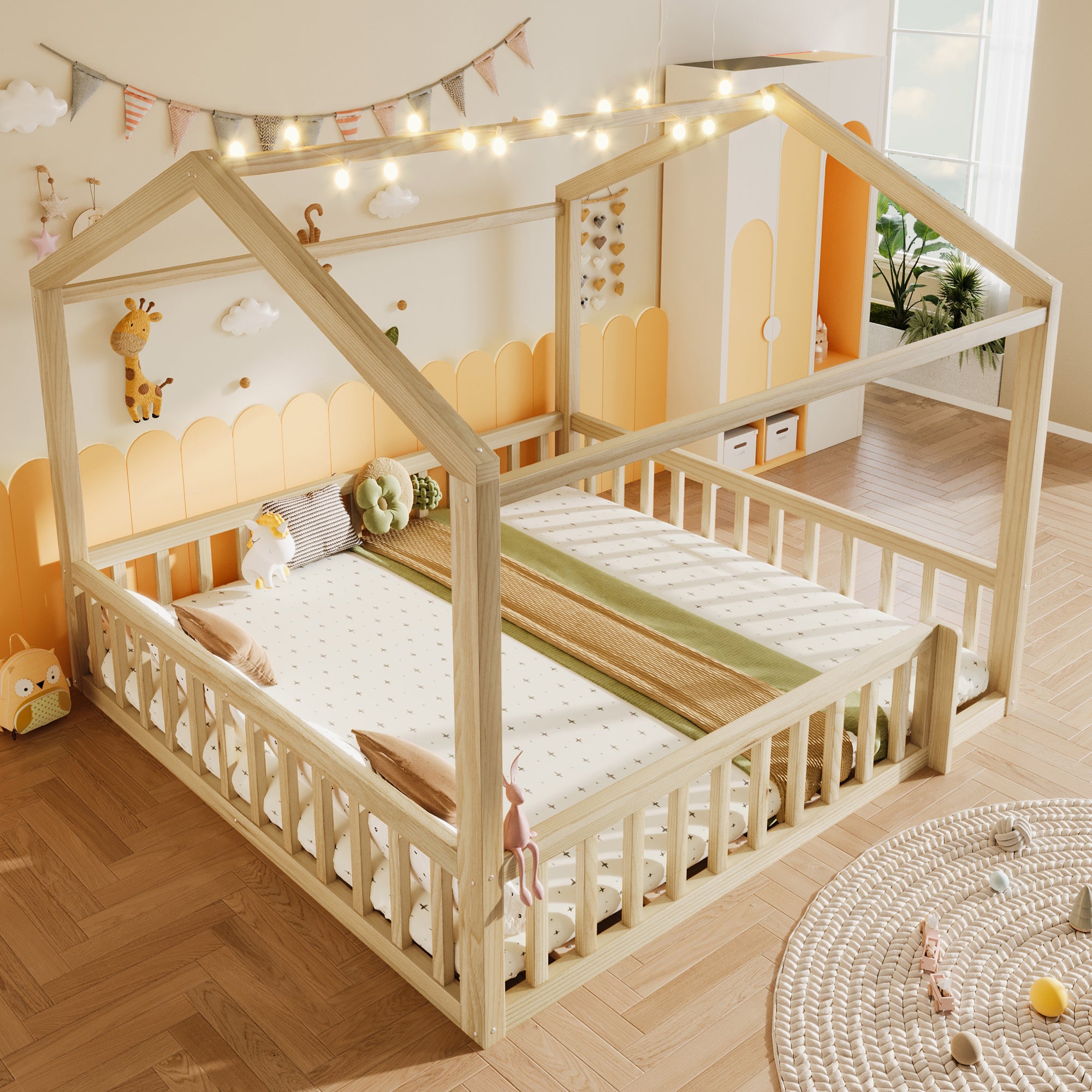 Children's Flatbed Expandable 90/180x190cm House Railing LED Pine Wood Natural